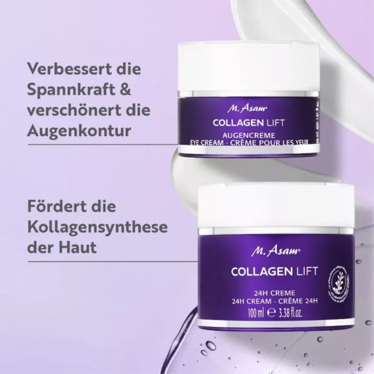 Zwei Tiegel M. Asam Collagen Lift Cremes vor einem lila Hintergrund mit Produkttexten.