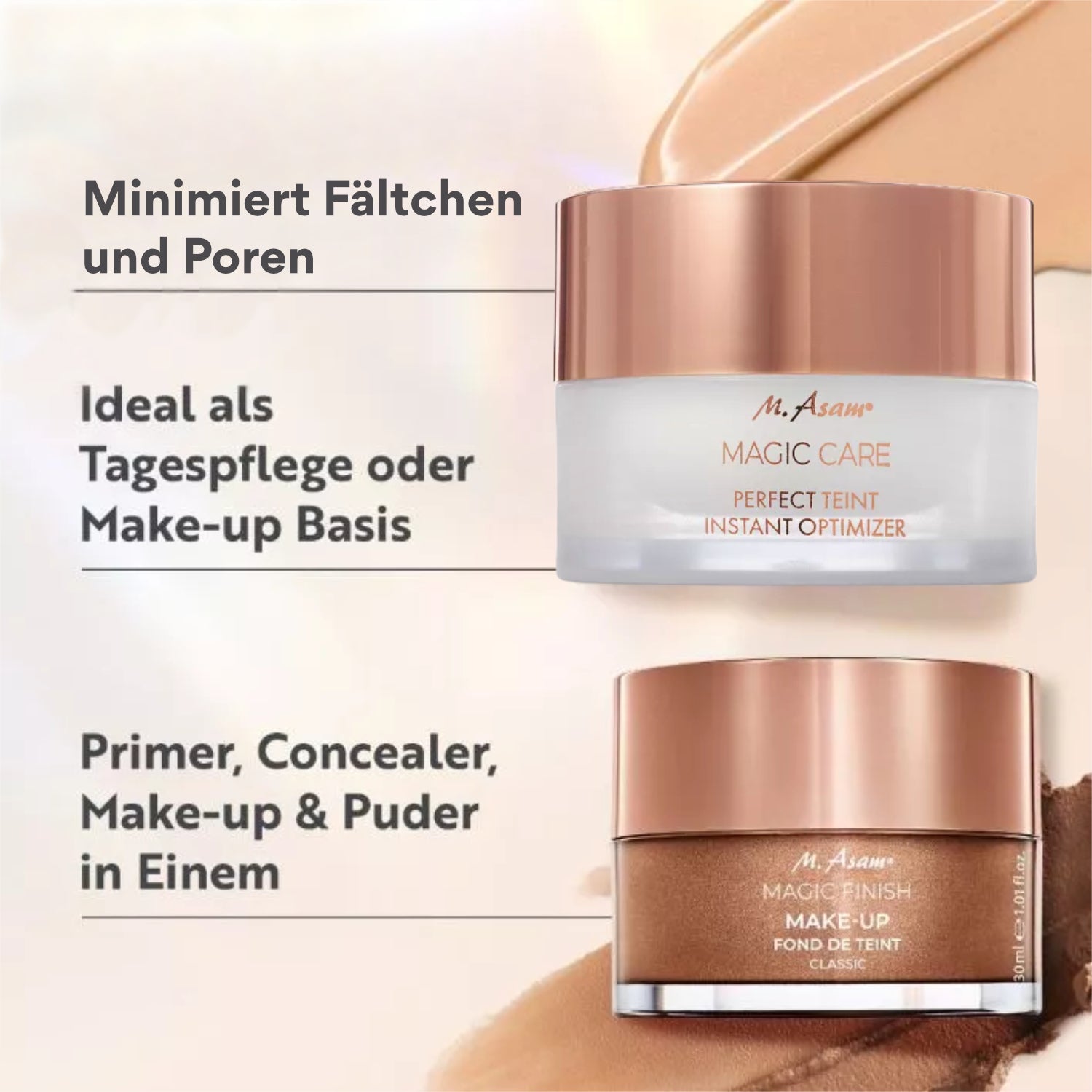 Zwei Tiegel Kosmetikprodukte von M. Asam mit Text über Hautpflege und Make-up-Basis auf beigem Hintergrund.
