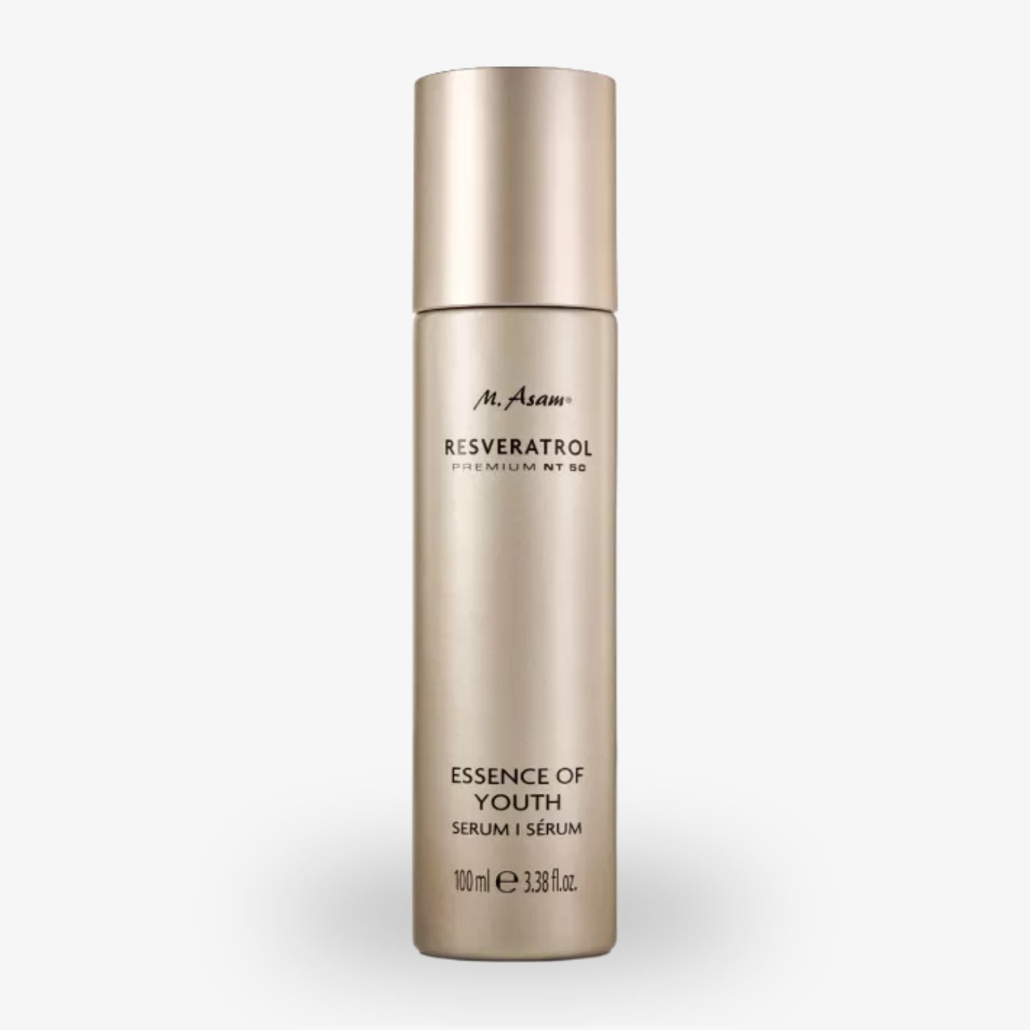 Beige Flasche des M. Asam Resveratrol Essence of Youth Serums mit einer Füllmenge von 100 ml.