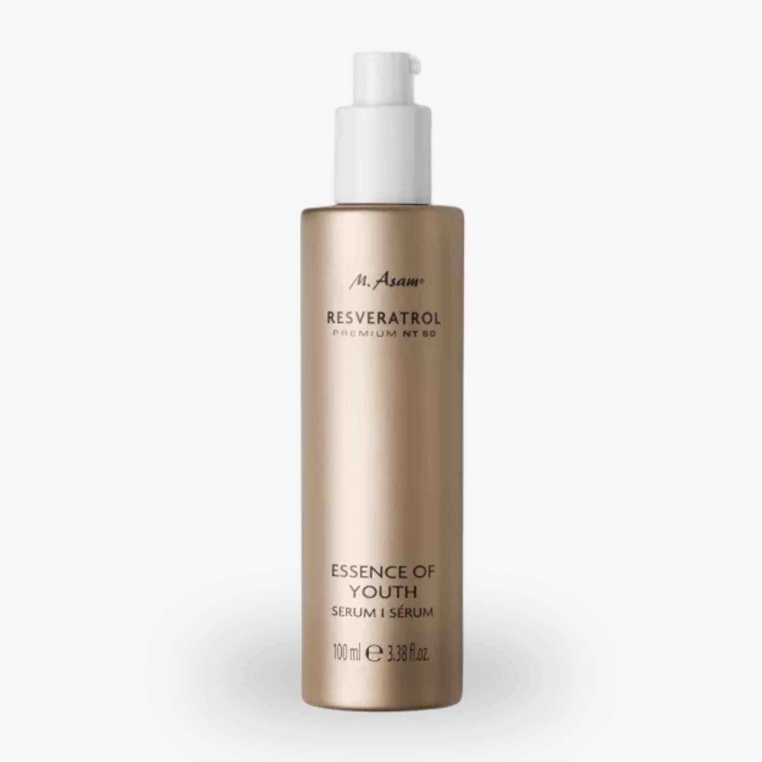 Goldene Flasche eines Resveratrol-Serums mit Pumpverschluss, beschriftet mit "Essence of Youth", 100 ml.