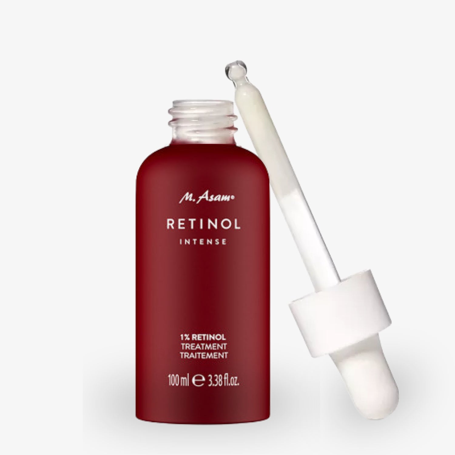 Bordeauxfarbene Flasche mit Pipette, etikettiert mit "M. Asam Retinol Intense", enthält 100 ml einer Skincare-Lösung.