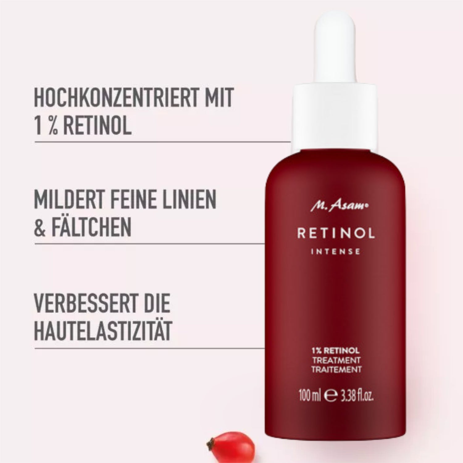 Rote Flasche mit Retinol-Serum und Pipette, daneben Text über Vorteile wie Faltenminderung und Hautelastizität.