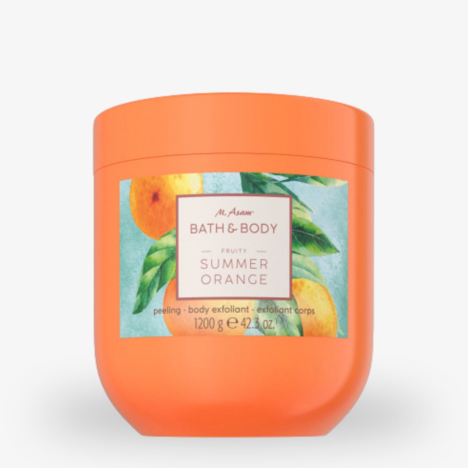Orangefarbene Verpackung eines Körperpeelings mit Orangenmotiv und der Aufschrift "Summer Orange".