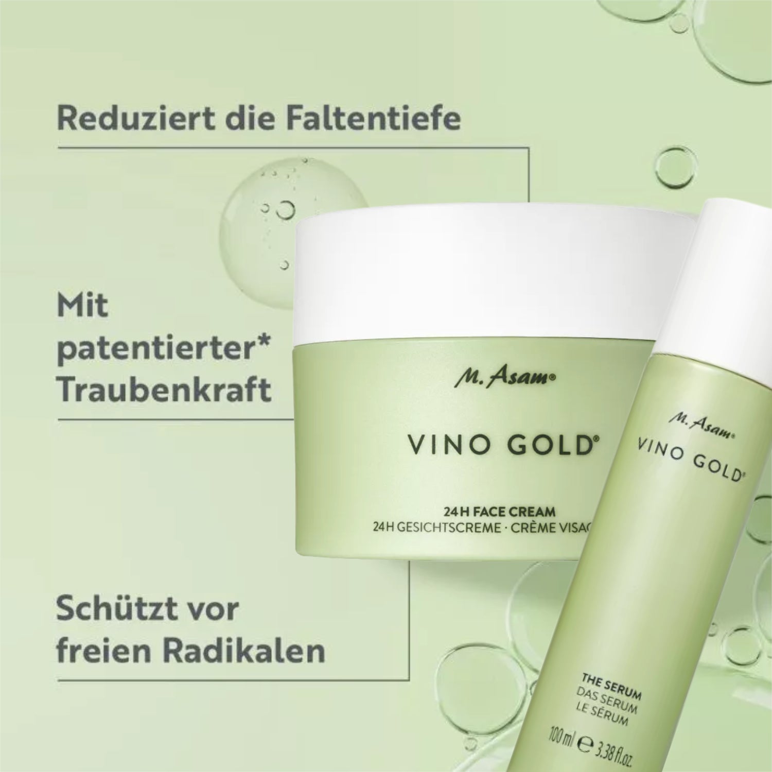 Grünes Vino Gold Cremedöschen und Serumflasche von M. Asam, beworben gegen Falten mit Traubenkraft.