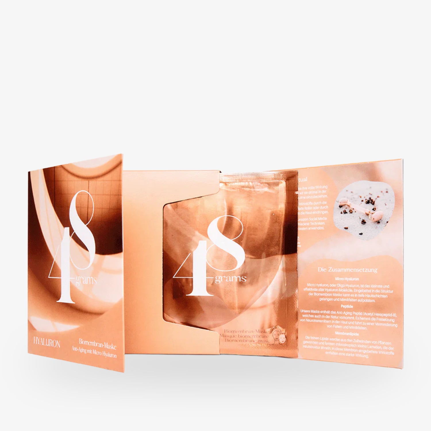 Geöffnete Verpackung einer Bienenwachs-Maske mit der Aufschrift "48 grams" und Produktinformationen.