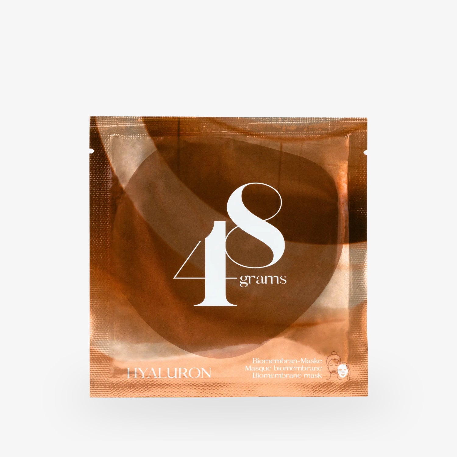 Braune Verpackung einer Hyaluron-Biomembran-Maske mit der Beschriftung "48 grams".