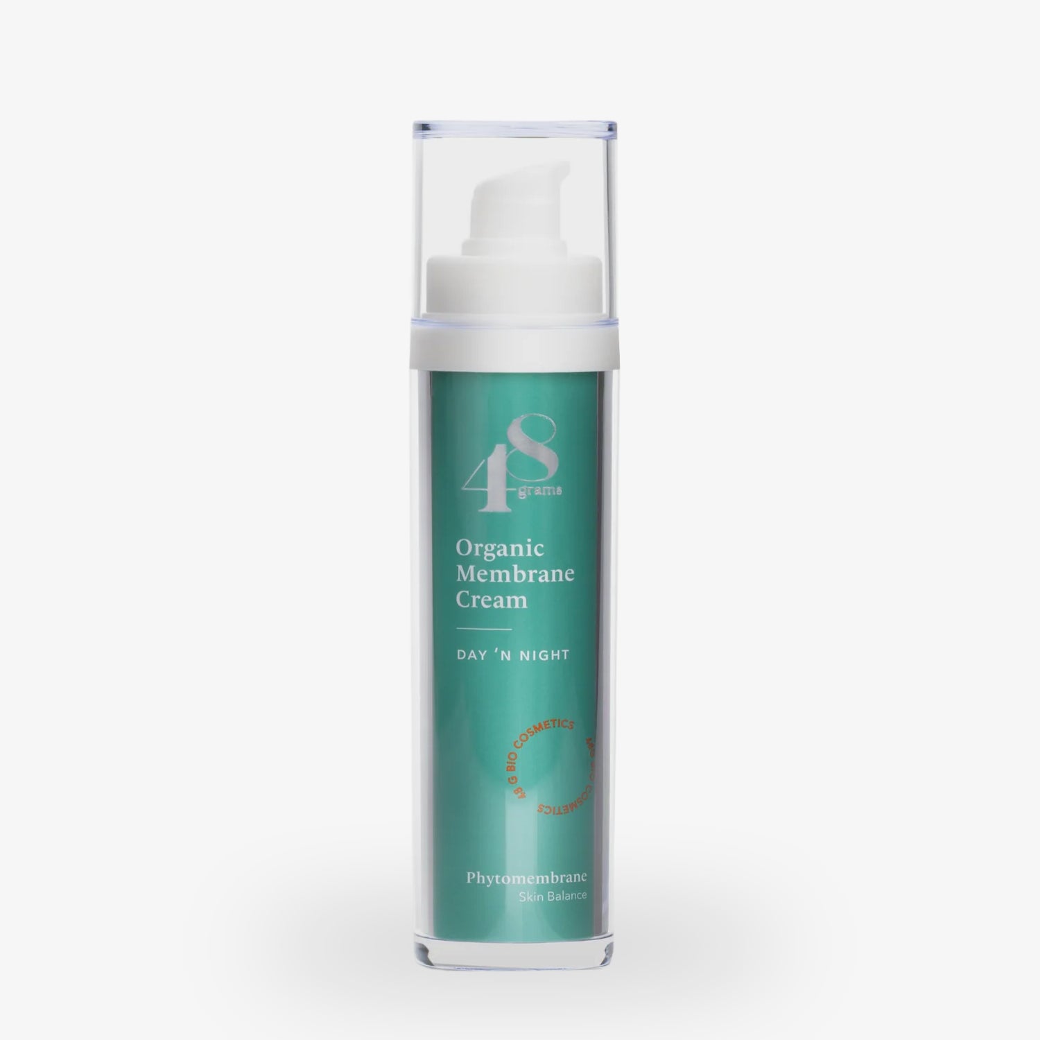 Türkisfarbene Flasche der 48grams Organic Membrane Cream mit Spender und klarer Kappe.