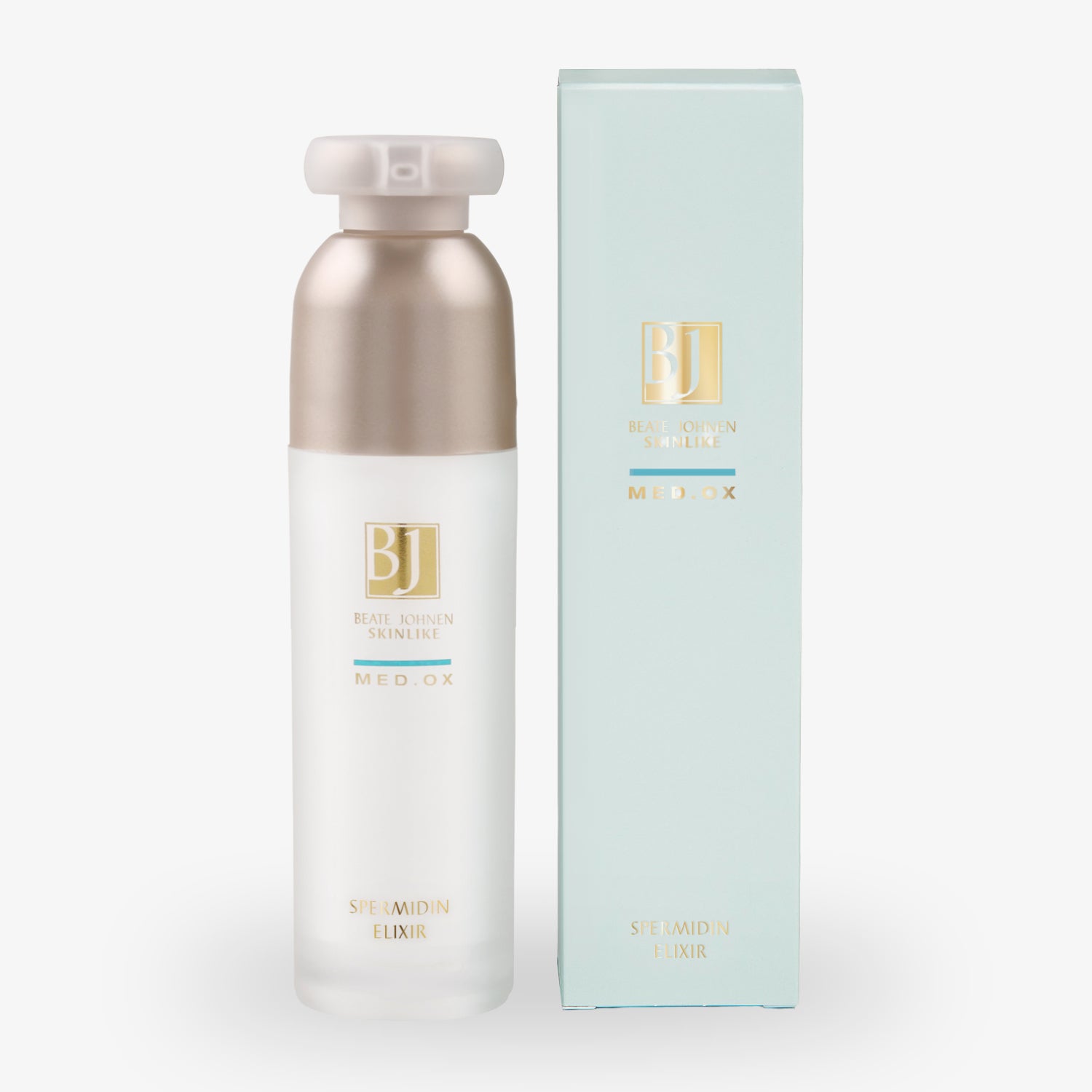 Flasche und Verpackung des Beate Johnen Skinlike Med.Ox Spermidin Elixirs auf weißem Hintergrund.