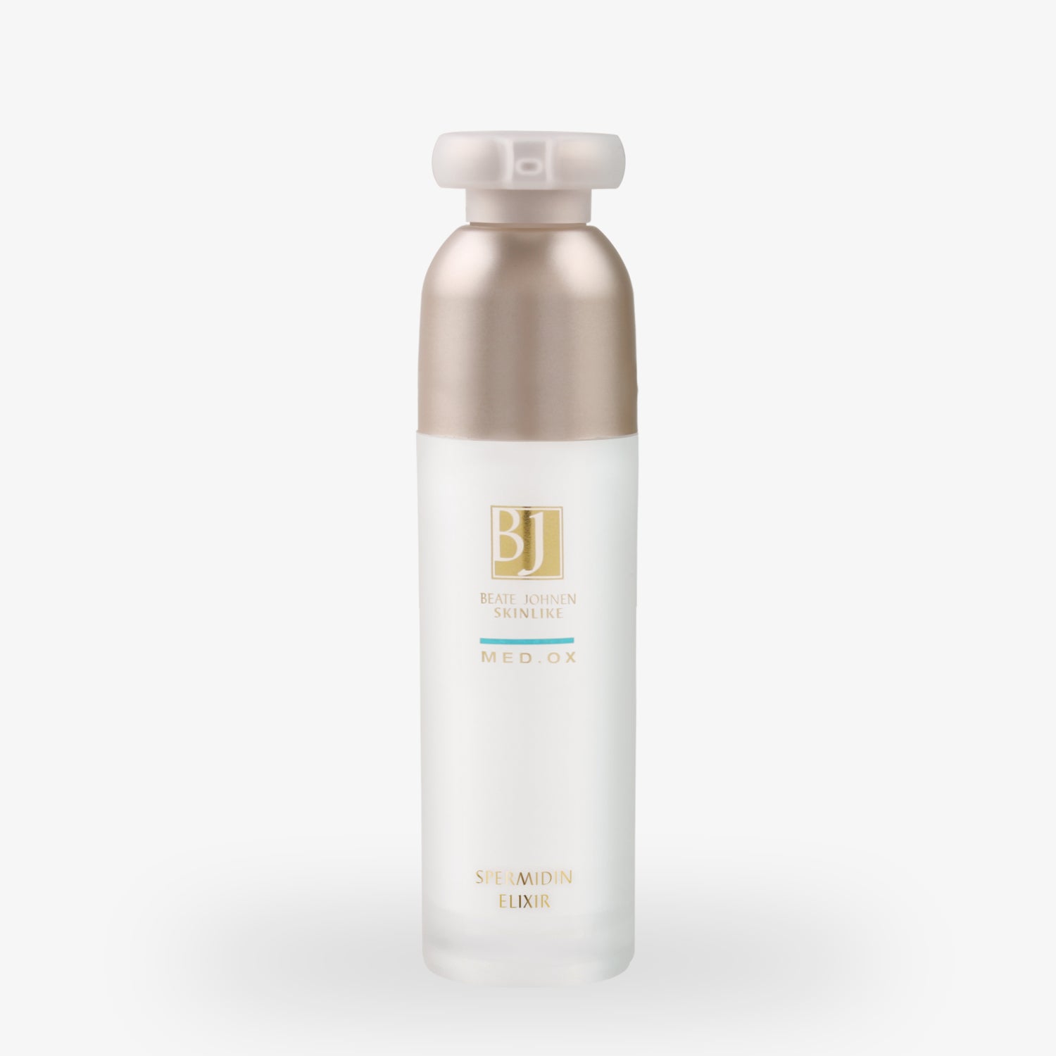 Durchsichtige Flasche mit goldener Kappe, beschriftet mit "BEATE JOHNEN SKINLIKE MED.OX SPERMIDIN ELIXIR".