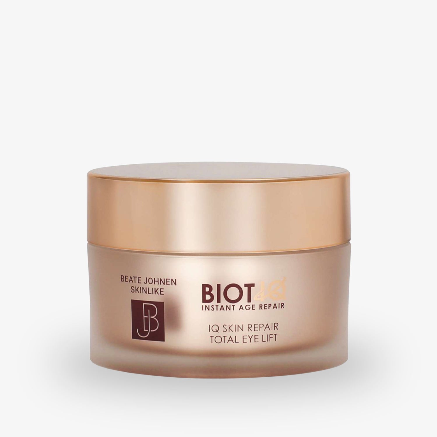Goldfarbene Creme-Dose mit der Aufschrift "BIOTIQ Instant Age Repair IQ Skin Repair Total Eye Lift".