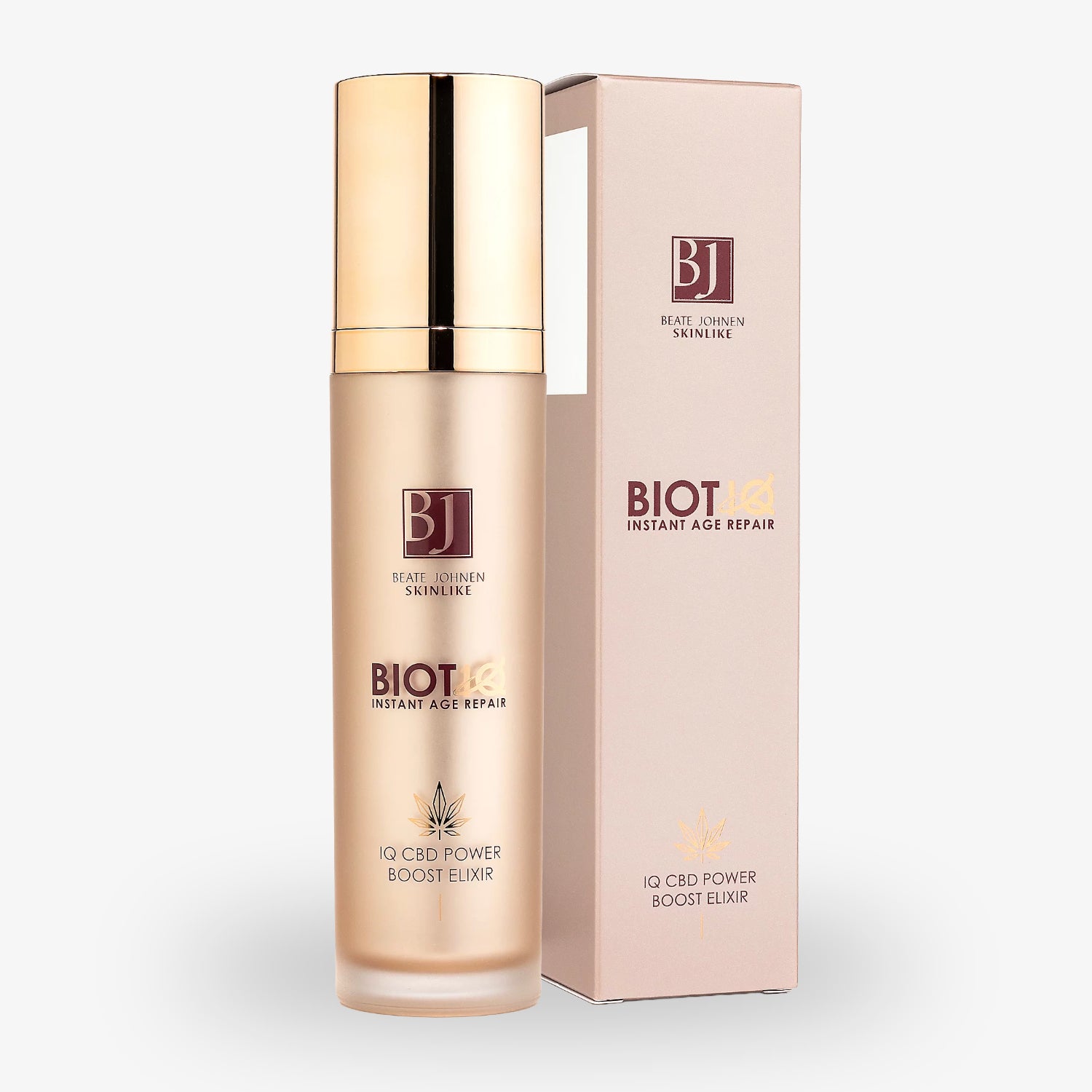 Goldene Kosmetikflasche und Verpackung mit der Aufschrift "BIOTIQ Instant Age Repair IQ CBD Power Boost Elixir".