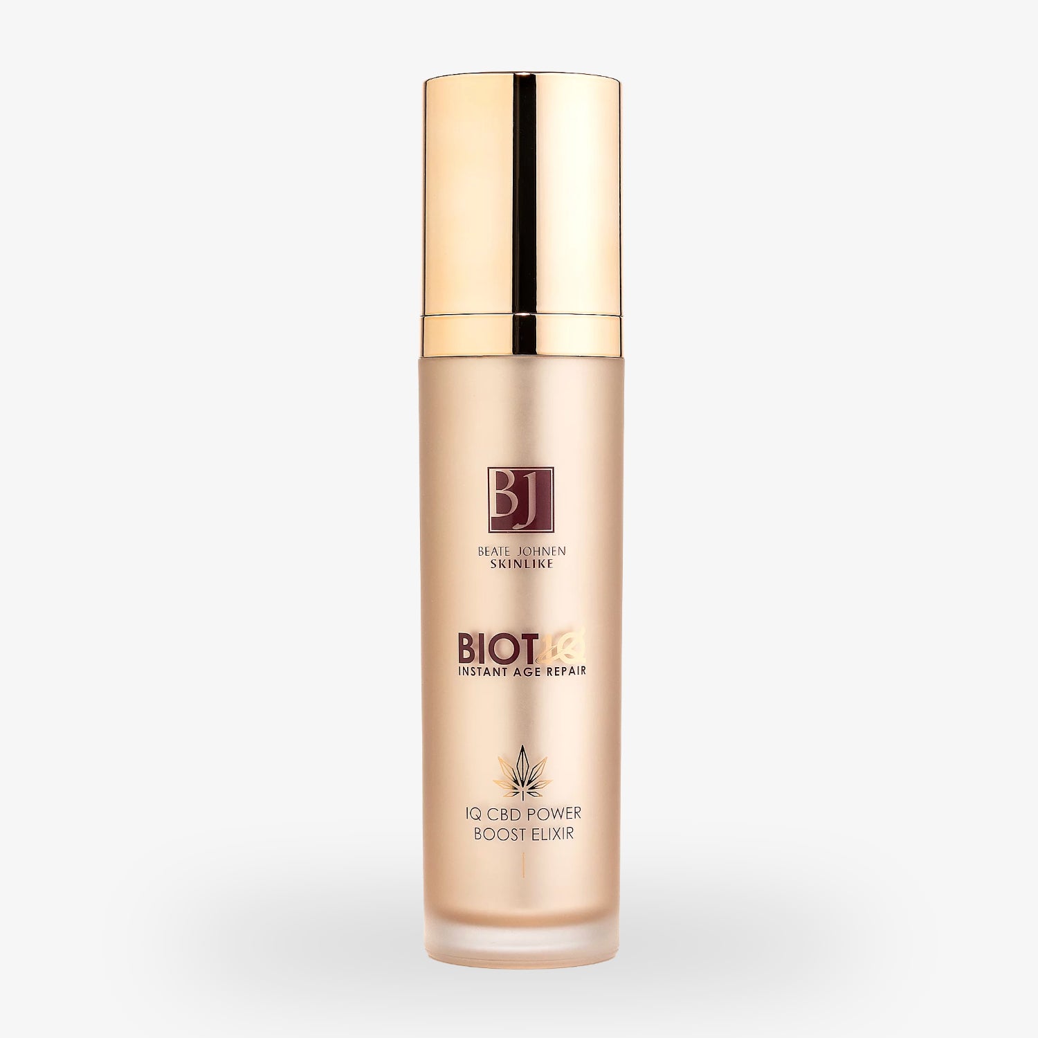 Goldene Flasche von Beate Johnen Skinlike BIOTIQ, Instant Age Repair, IQ CBD Power Boost Elixir auf weißem Hintergrund.