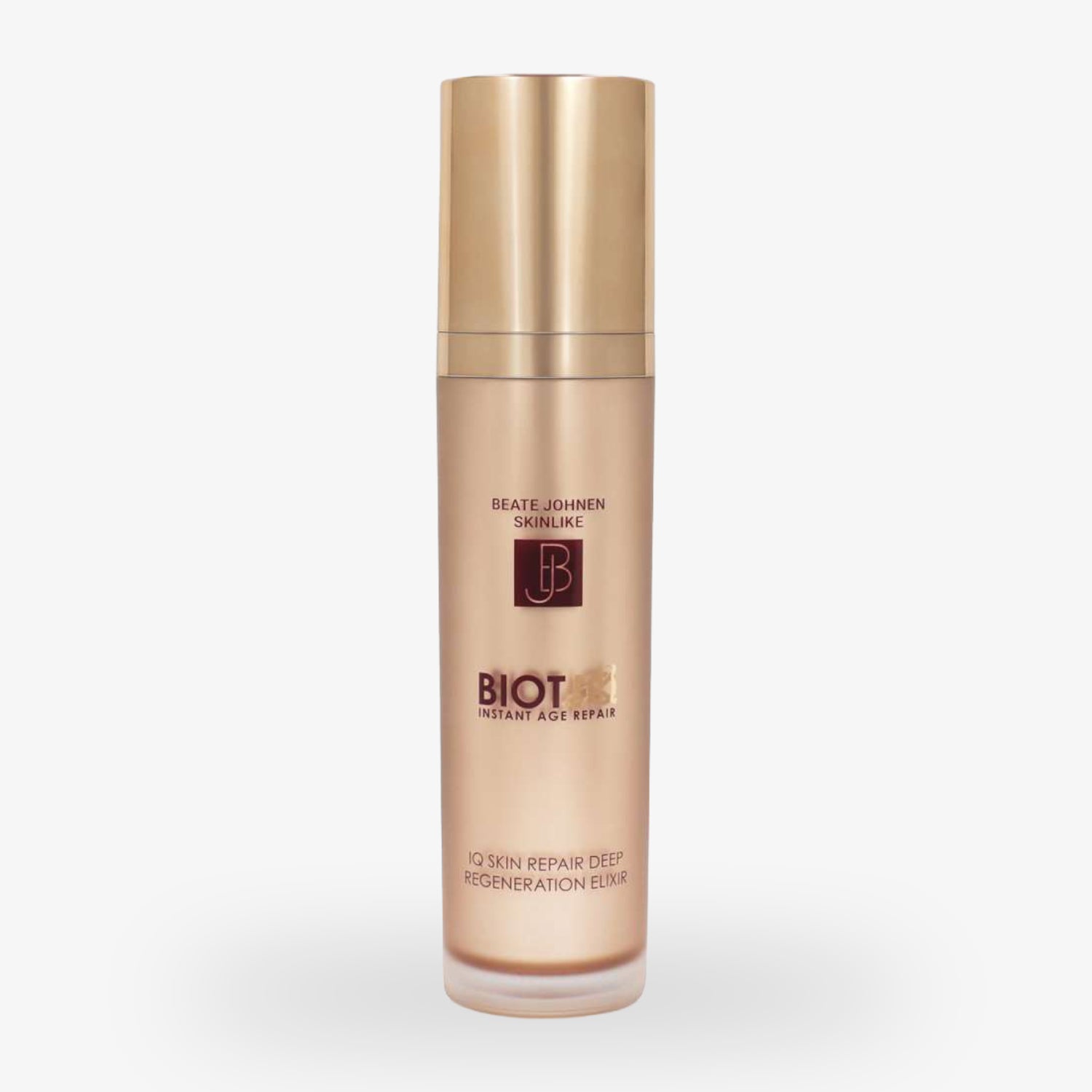 Goldene Flasche mit der Aufschrift "Beate Johnen Skinlike BIOTIN Instant Age Repair IQ Skin Repair Deep Regeneration Elixir".