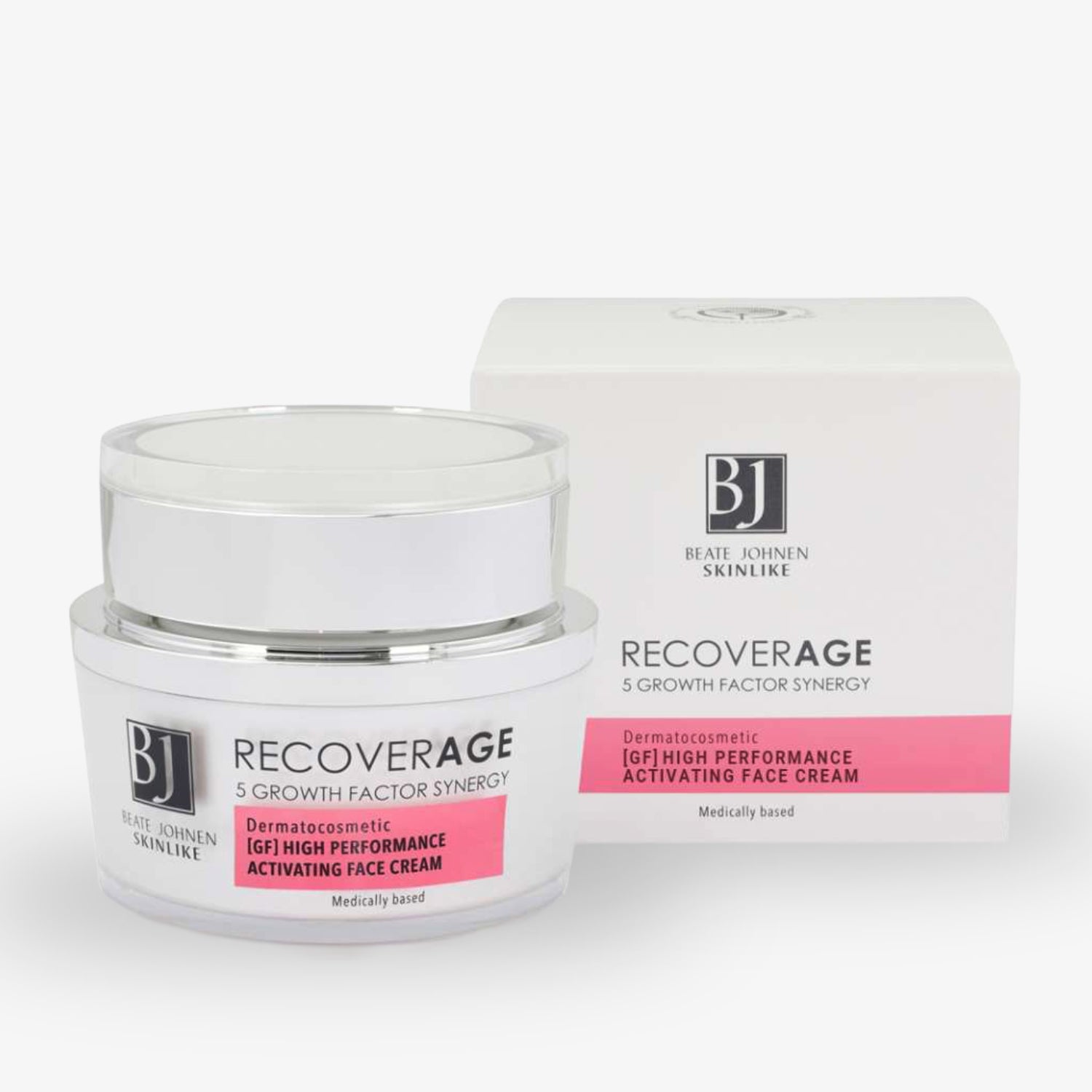 Weiße Creme-Dose mit silbernem Deckel vor passender Verpackung, Produktname "Recoverage" in Schwarz und Pink.