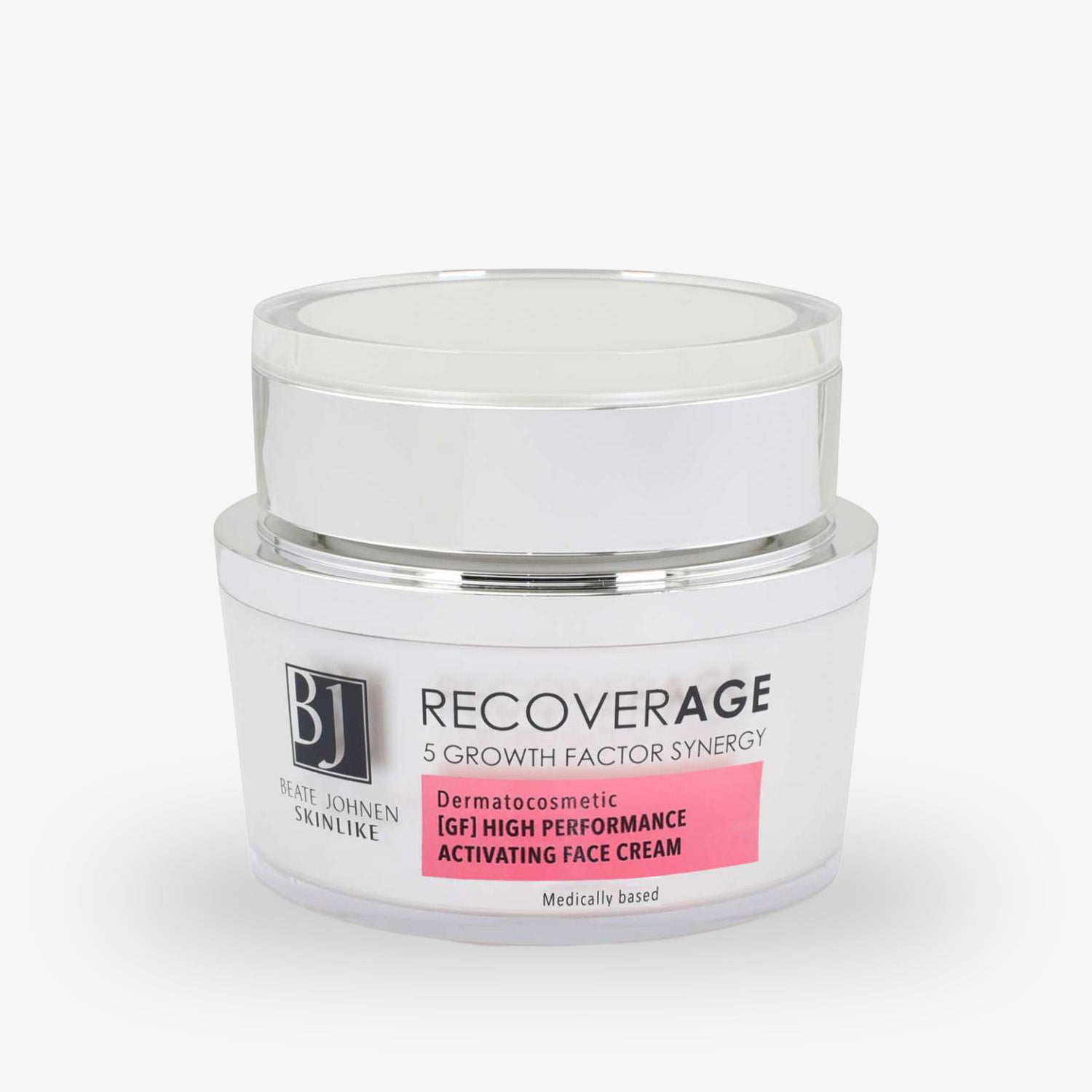 Weiße Cremedose von Beate Johnen mit der Aufschrift "RecoverAge" und einem pinken Etikett auf der Vorderseite.