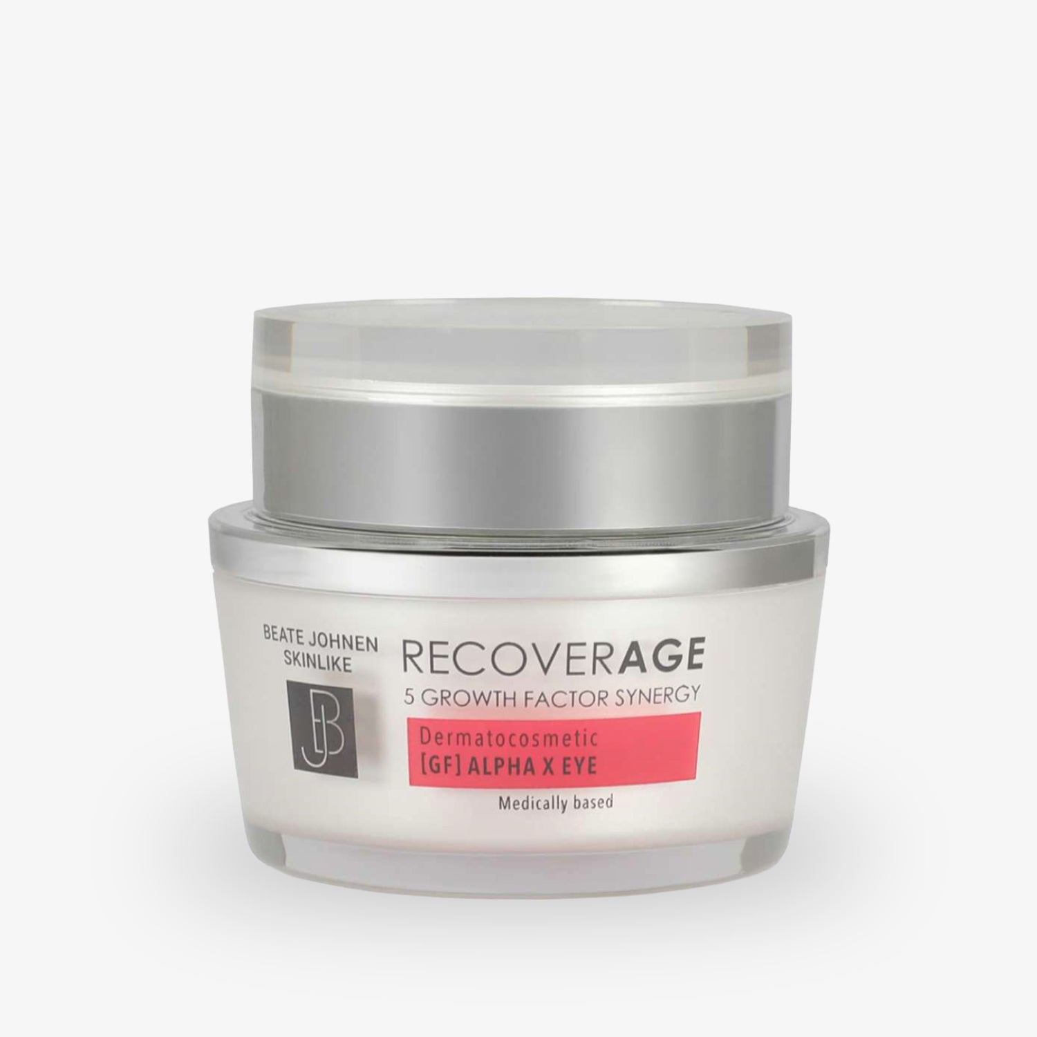 Cremetiegel "RECOVERAGE" von Beate Johnen, weiß mit silbernem Deckel und rotem Etikett, auf weißem Hintergrund.
