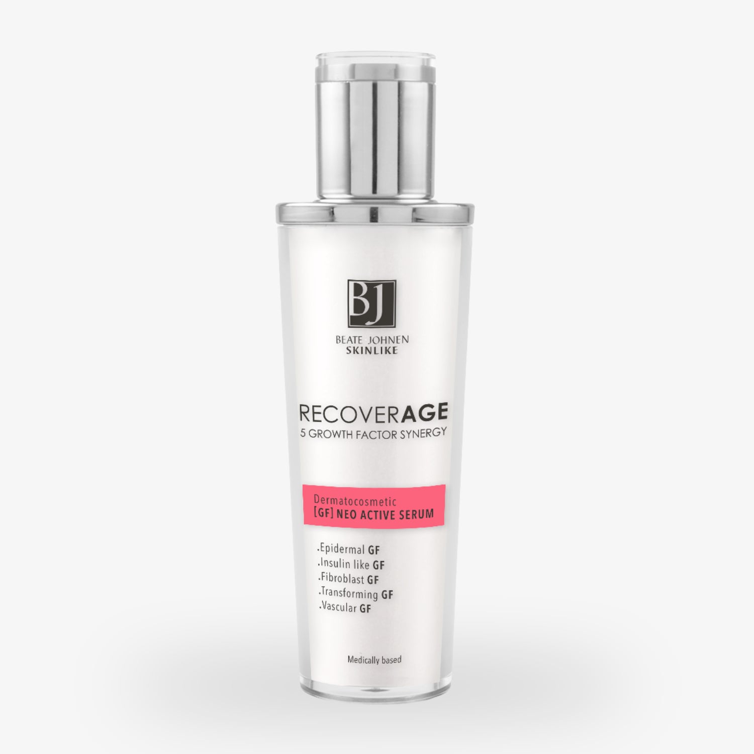 Flasche mit "Recoverage" Hautserum von Beate Johnen, mit pinkem Etikett "Dermatocosmetic GF Neo Active Serum".