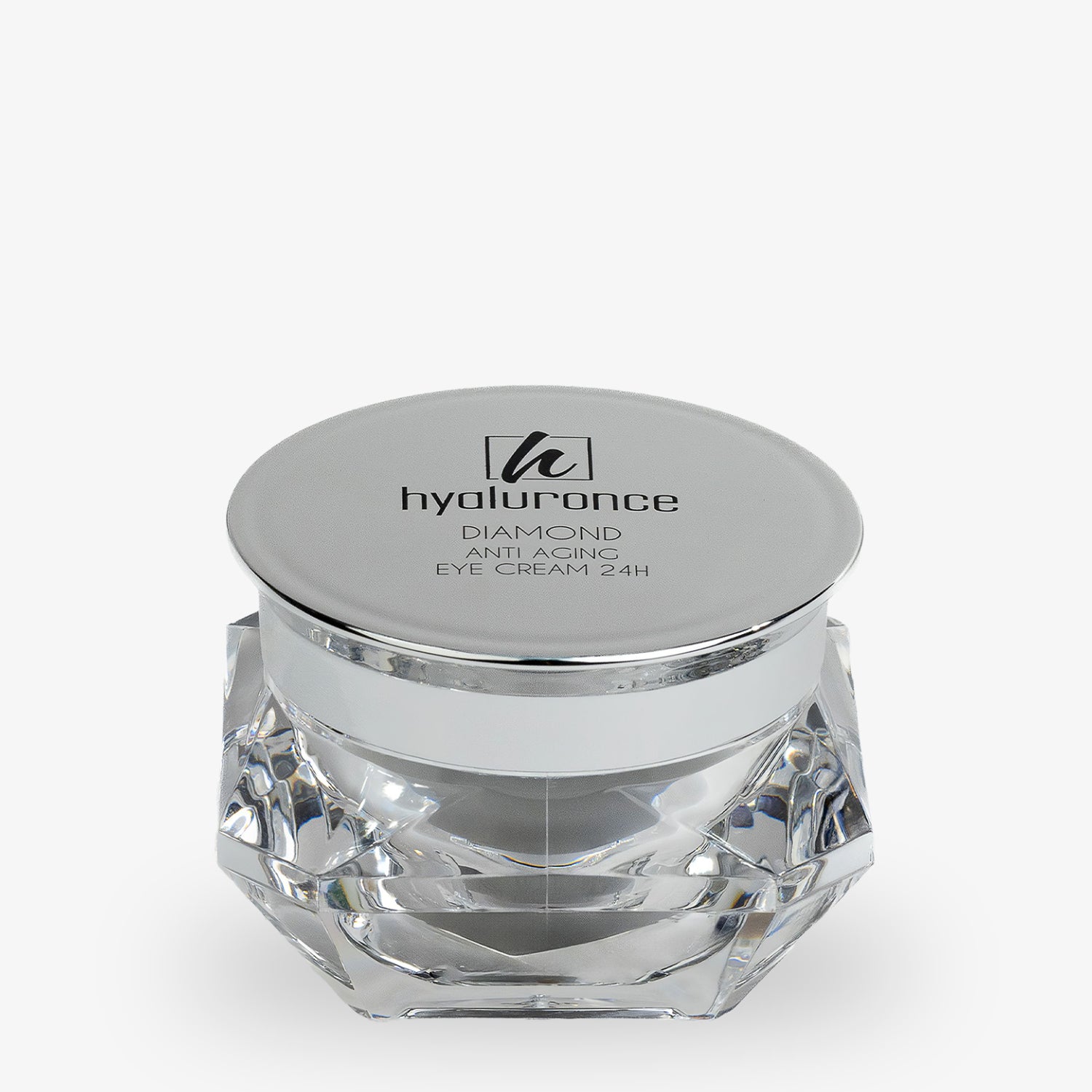 Luxuriös gestalteter Behälter mit silbernem Deckel für eine Anti-Aging-Augenkreme von Hyaluronce.