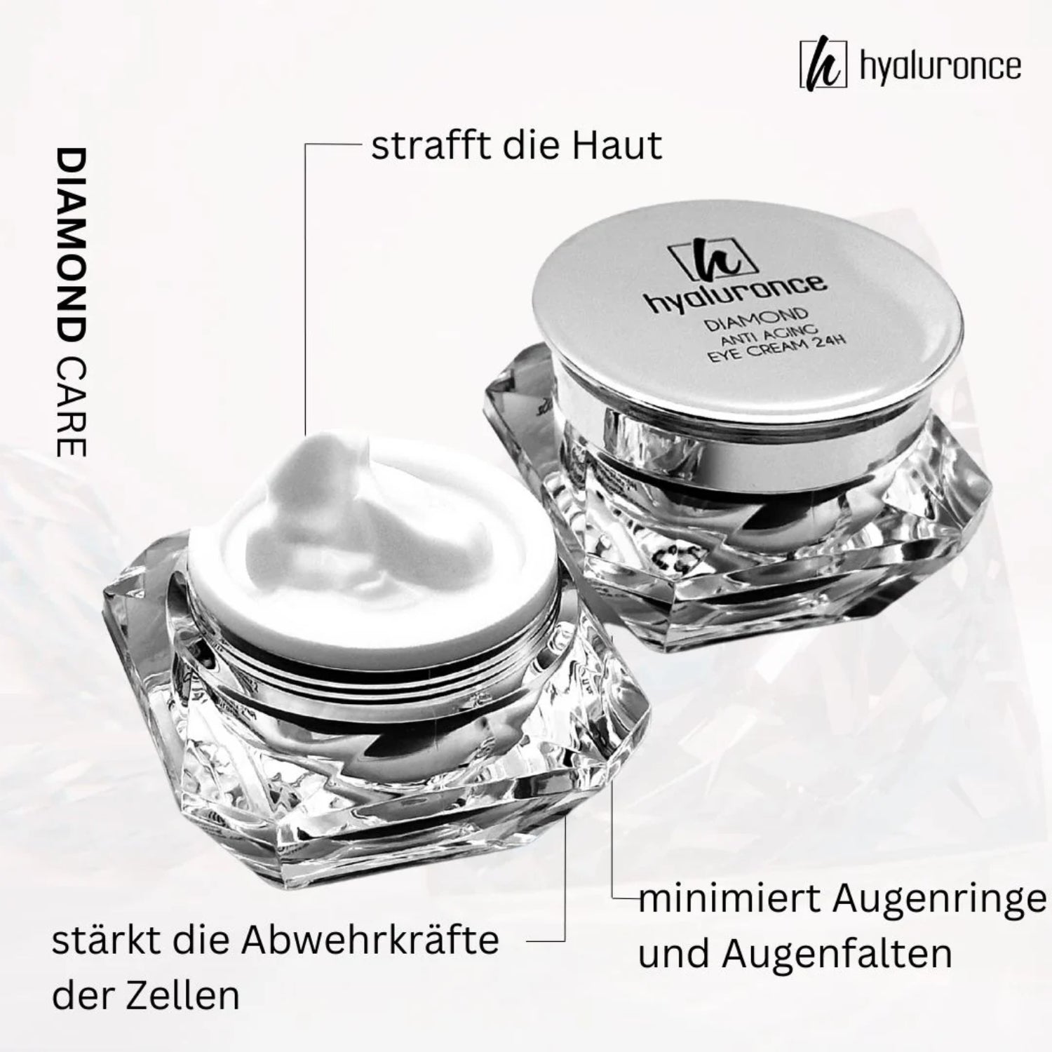 Zwei Cremetiegel von Hyaluronce auf einem weißen Hintergrund mit Beschreibungen der Hautpflegevorteile.