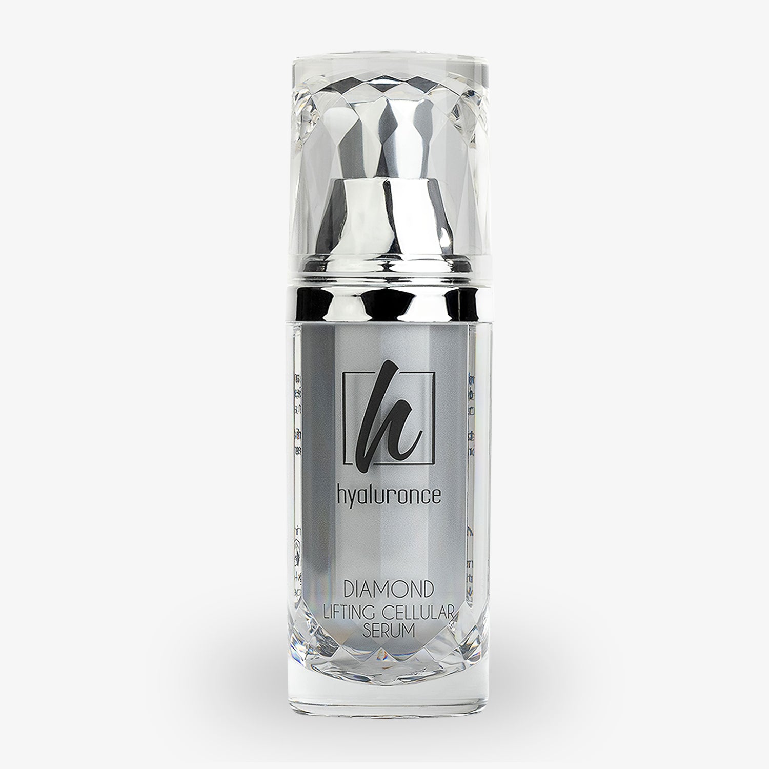 Klare Flasche mit silbernem Deckel, beschriftet mit "h hyaluronce" und "Diamond Lifting Cellular Serum".