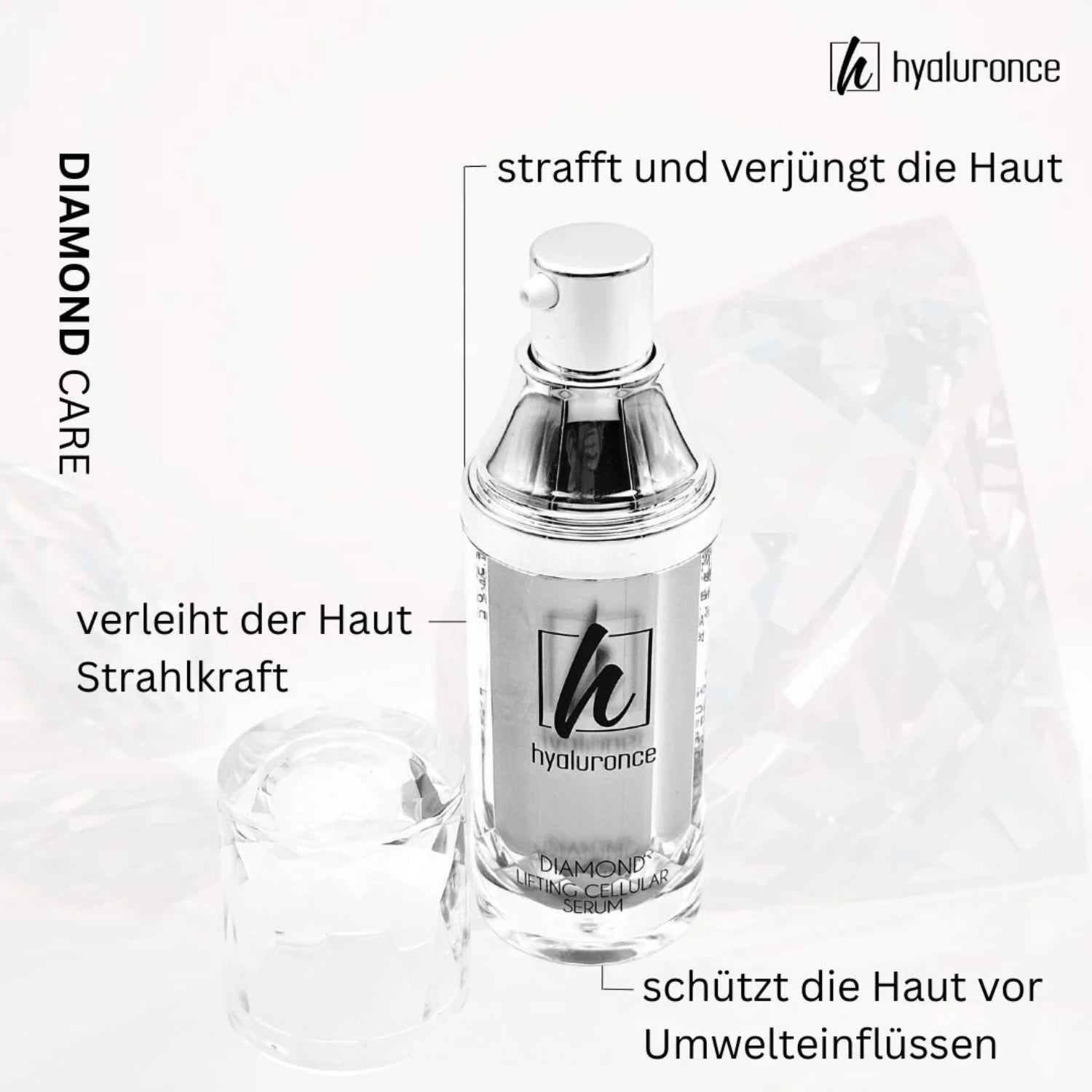 Hyaluronce Diamond Lifting Serumflasche, die Haut strafft, verjüngt, Strahlkraft verleiht und vor Umwelteinflüssen schützt.