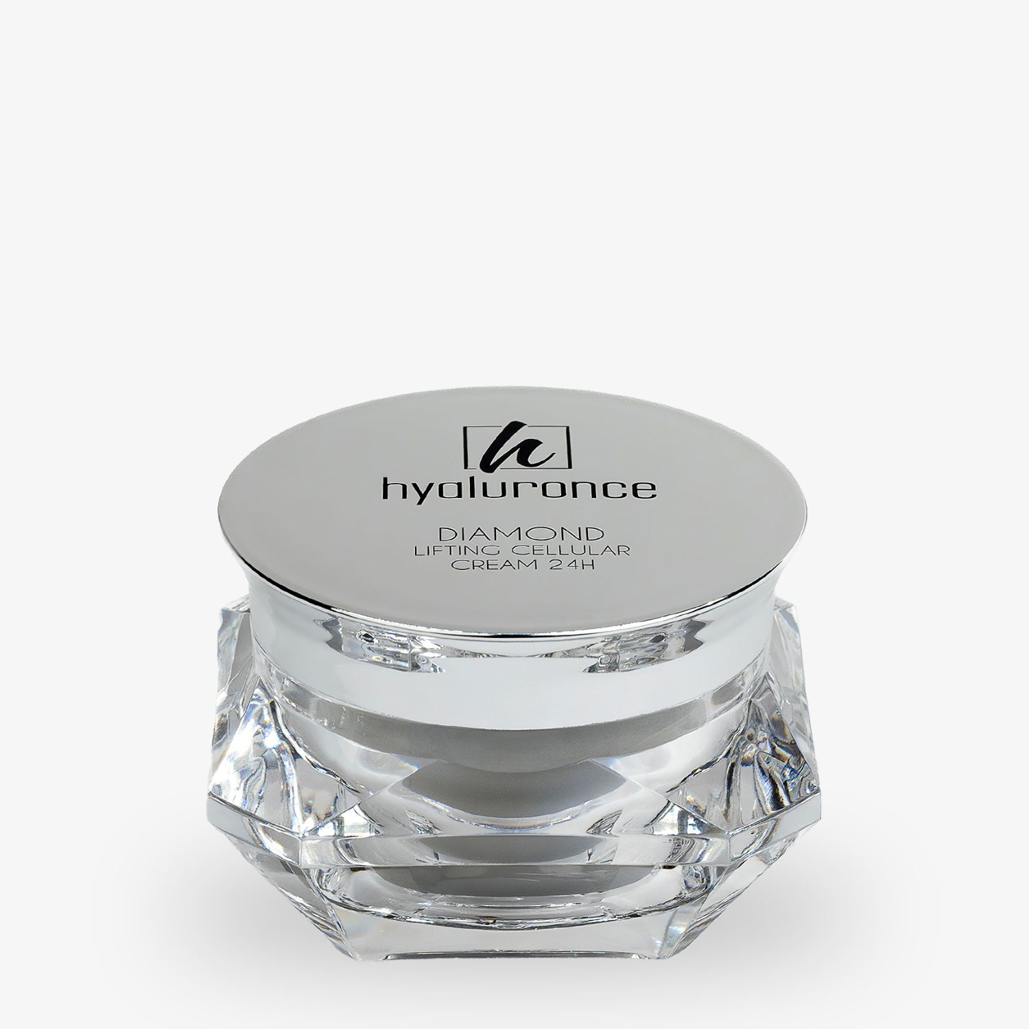 Durchsichtiger Tiegel mit silbernem Deckel, beschriftet mit "Hyalurance Diamond Lifting Cellular Cream 24H".