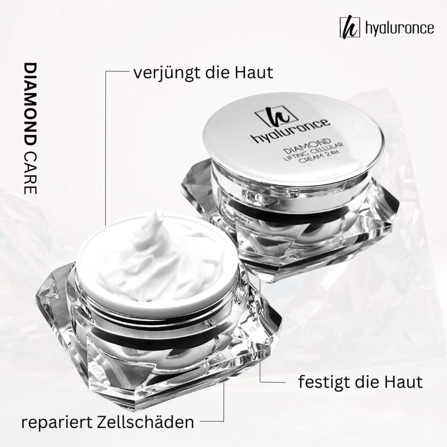 Zwei Tiegel mit Hyaluronce Diamond Lifting Cellular Cream, einer geöffnet, mit Text über Hautvorteile.