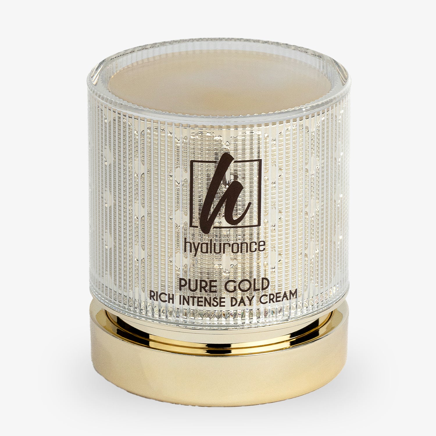 Luxuriöser Cremetiegel in Goldoptik mit der Aufschrift "hyaluronce Pure Gold Rich Intense Day Cream".