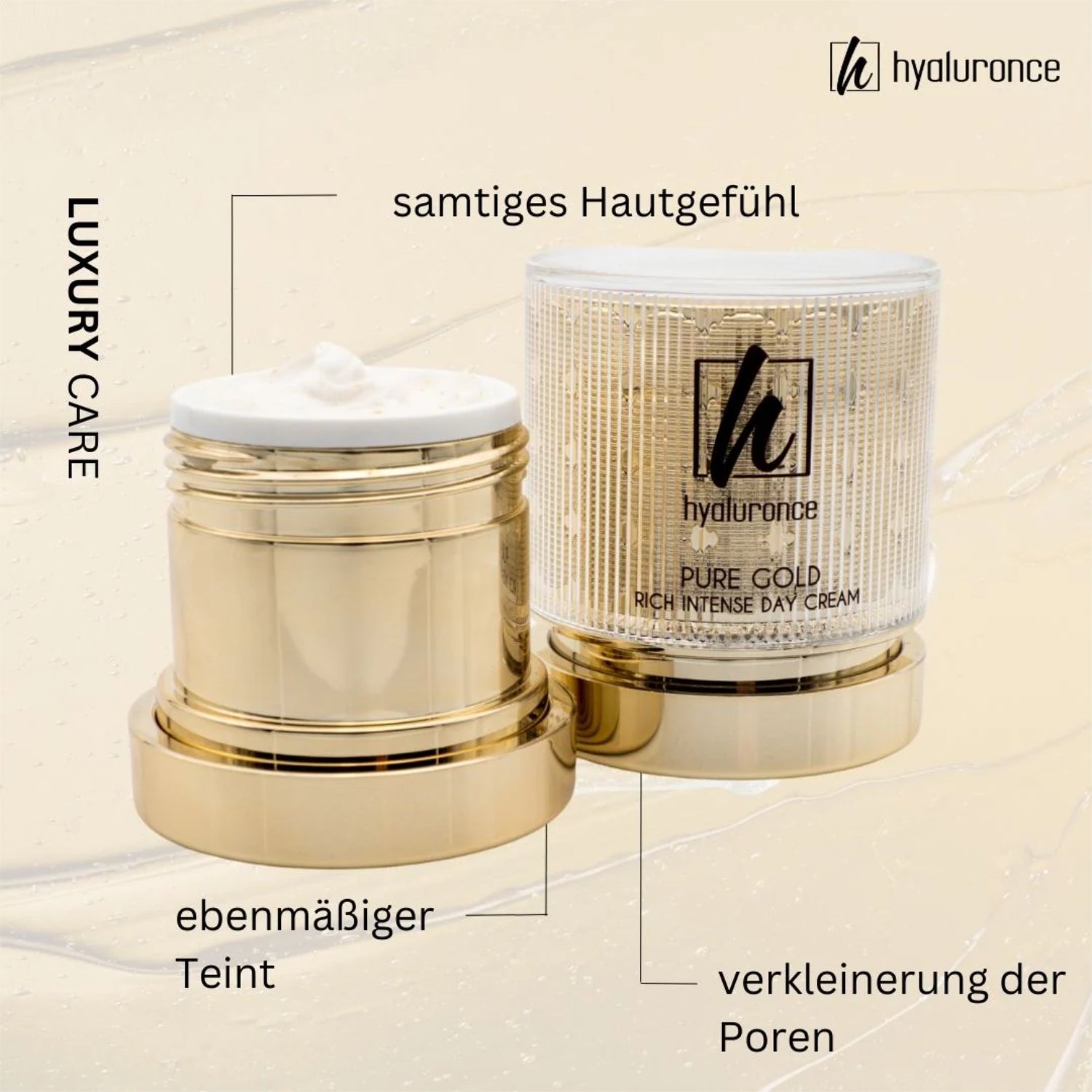 Goldene Cremedosen mit der Aufschrift "hyaluronce Pure Gold Rich Intense Day Cream" und diversen Vorteilen.