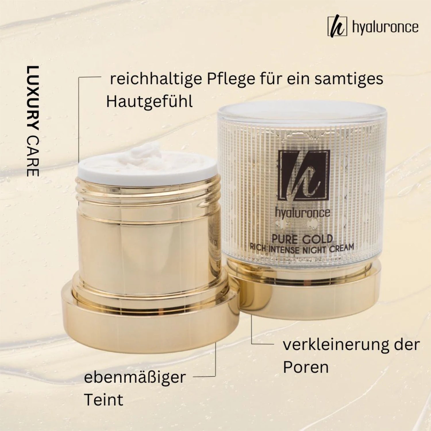 Zwei luxuriöse Cremetiegel mit Text zu ihren Vorteilen wie samtiges Hautgefühl und Verkleinerung der Poren.