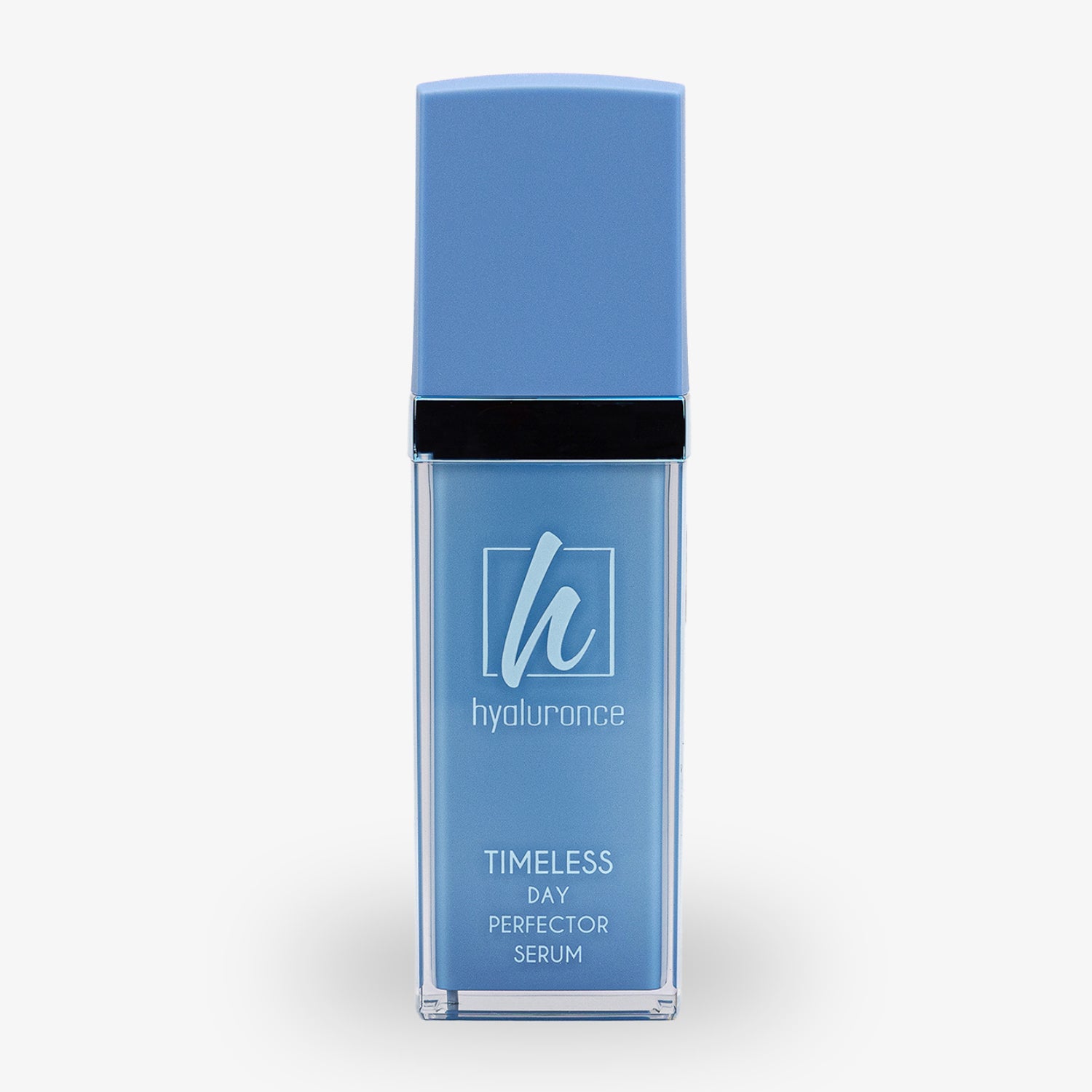 Blaue Flasche mit der Aufschrift "hyaluronce Timeless Day Perfector Serum" auf einem weißen Hintergrund.