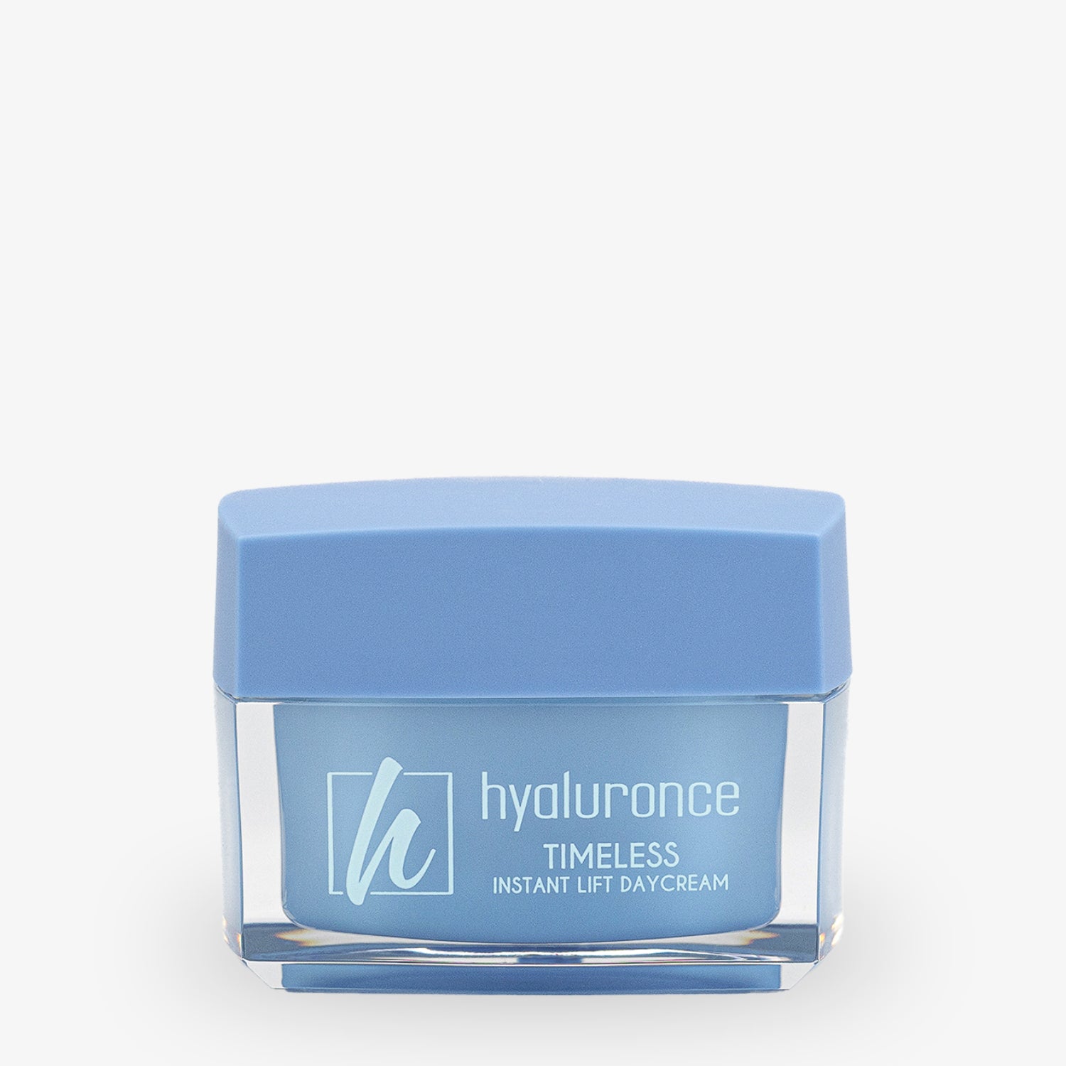 Blaue Cremedose mit der Aufschrift "hyaluronce Timeless Instant Lift Day Cream" auf weißem Hintergrund.