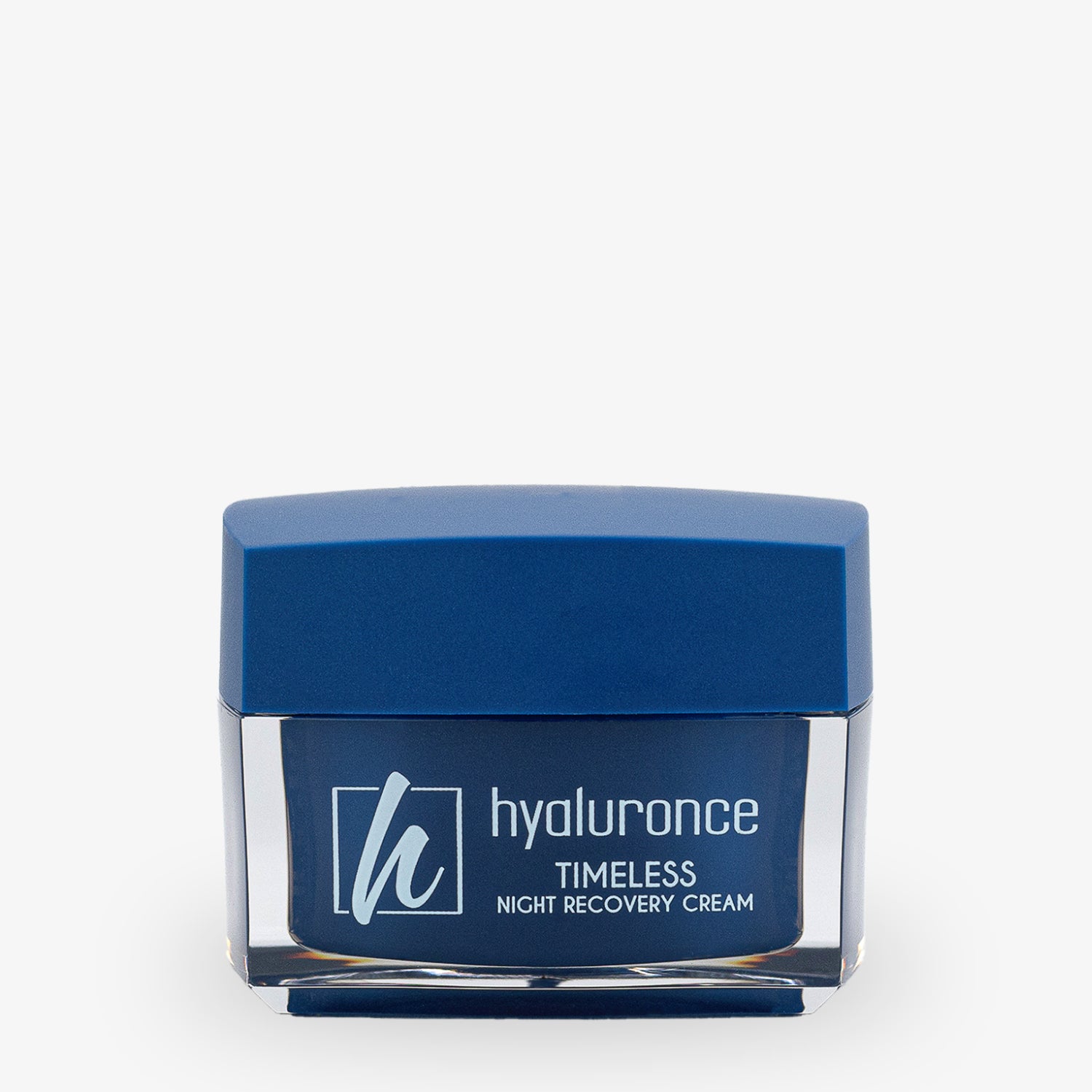 Ein blauer Behälter mit der Aufschrift "hyaluronce Timeless Night Recovery Cream" auf weißem Hintergrund.