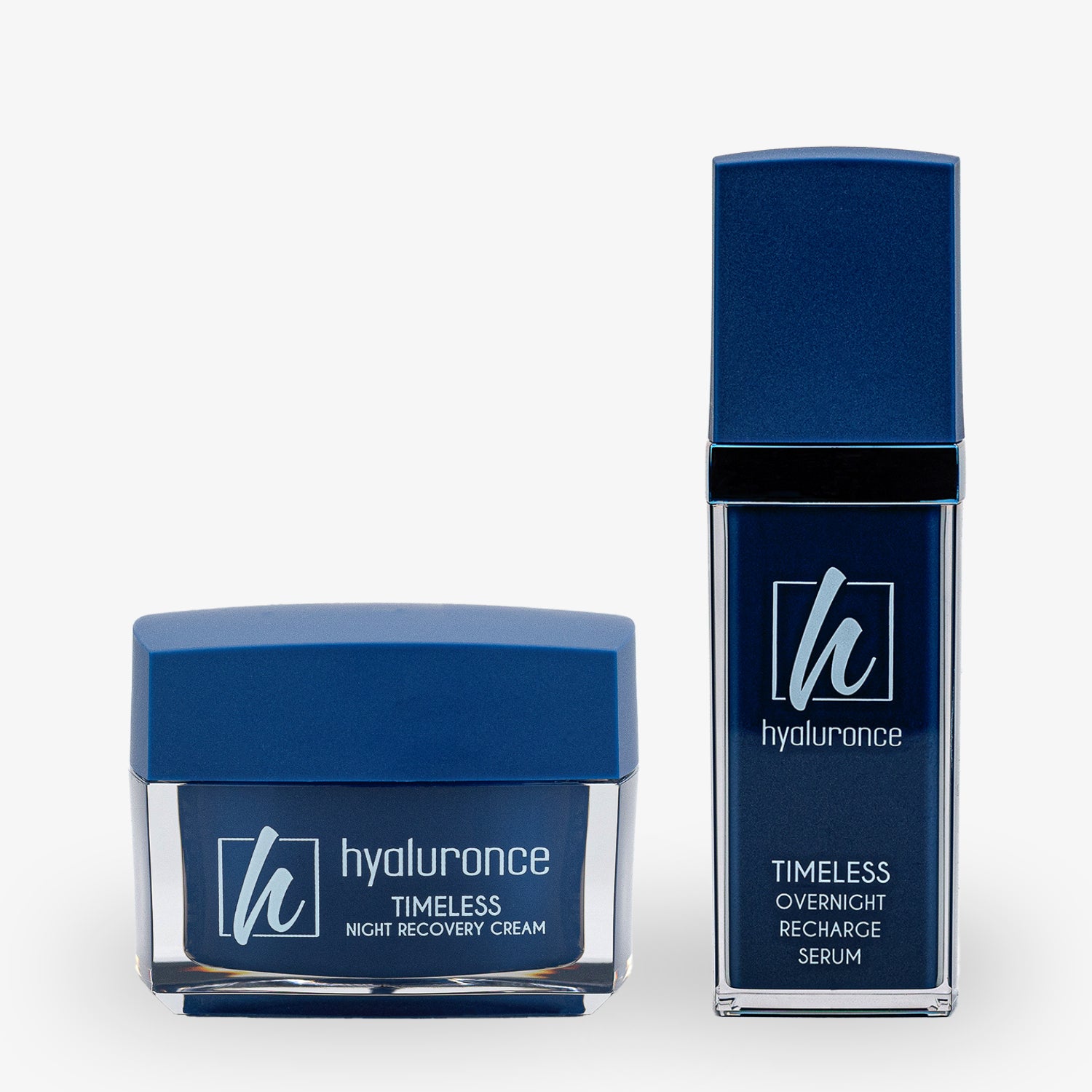Zwei blaue Kosmetikbehälter mit der Aufschrift "hyaluronce Timeless", darunter eine Creme und ein Serum.