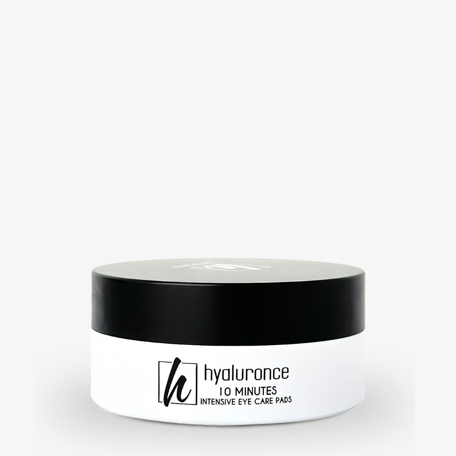 Runde, weiße Dose mit schwarzem Deckel, beschriftet mit "hyaluronce 10 minutes intensive eye care pads".