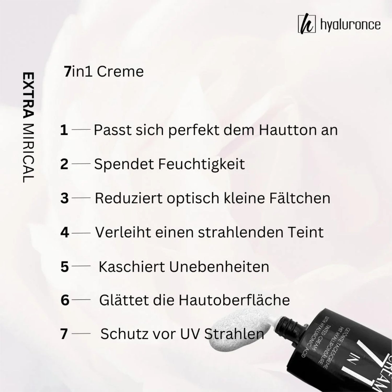 Bild mit einer Auflistung der Vorteile einer 7in1 Creme und einer Tube in der unteren rechten Ecke.
