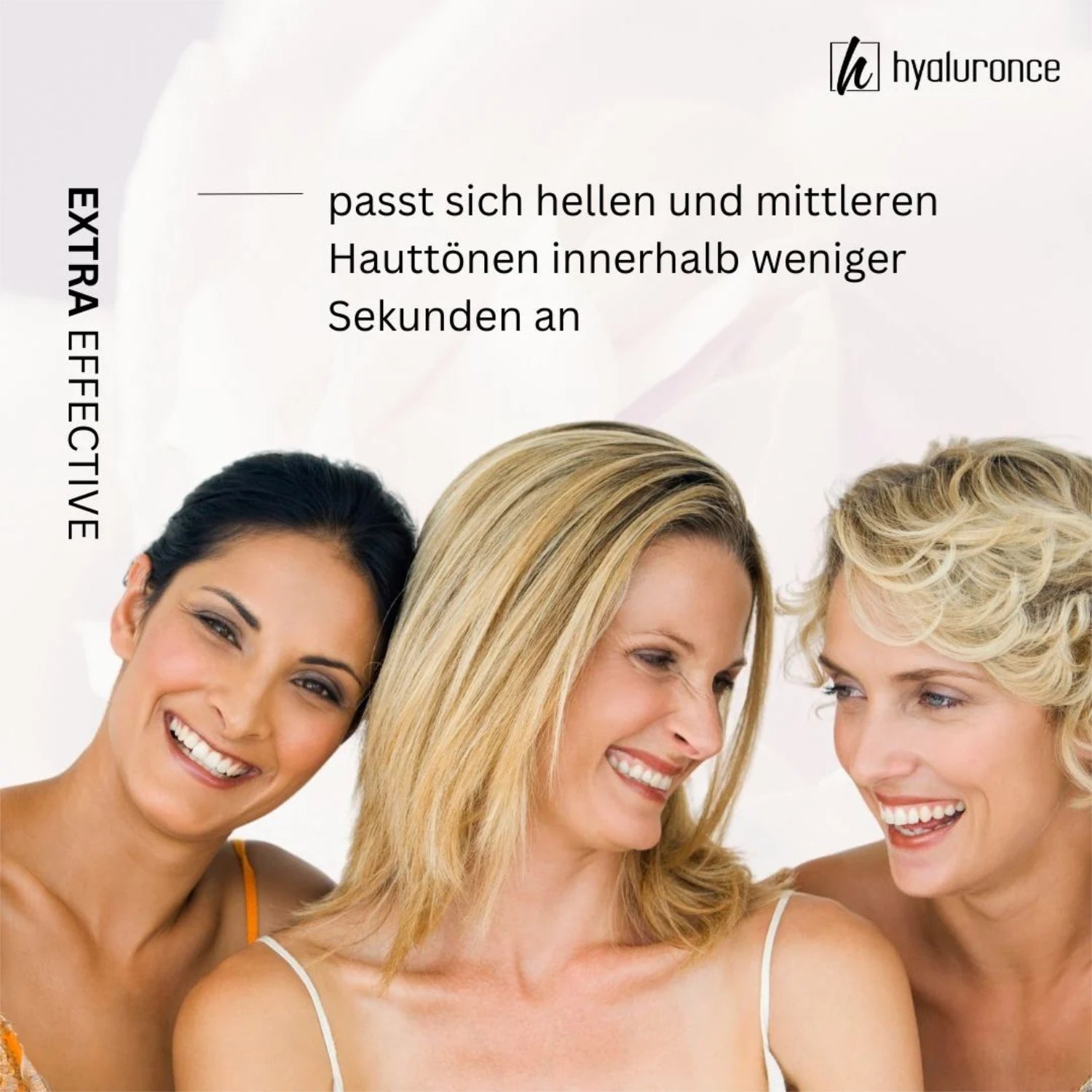 Drei lächelnde Frauen, Text beschreibt ein Produkt, das sich schnell an helle und mittlere Hauttöne anpasst.