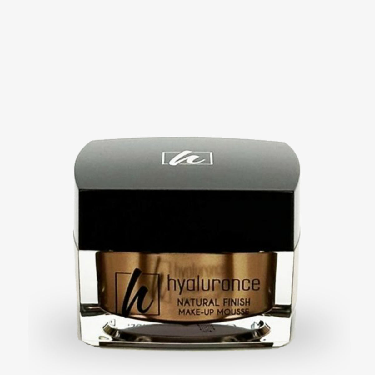 Schwarze Dose mit der Aufschrift "hyaluronce Natural Finish Make-up Mousse" auf weißem Hintergrund.