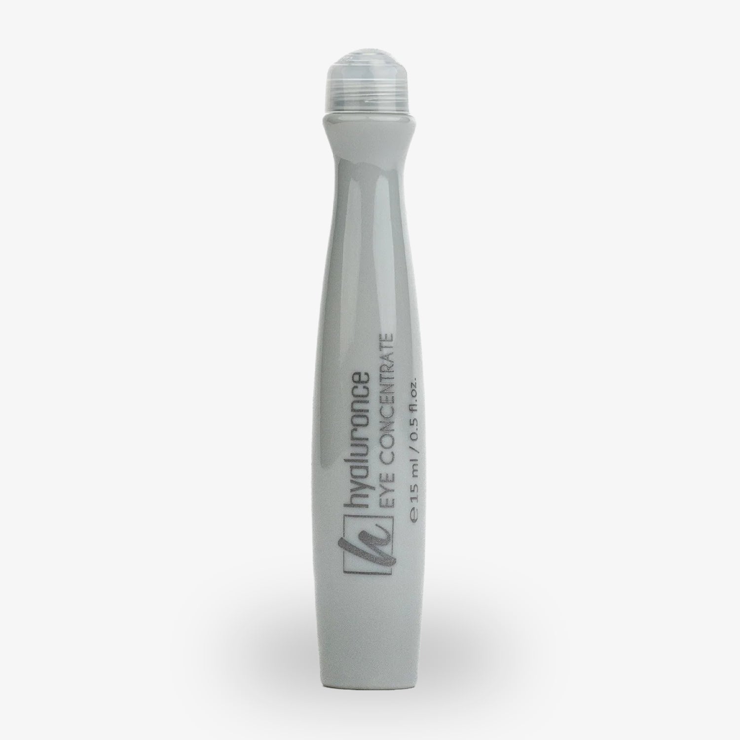 Grauer Augenpflege-Roller mit transparentem Deckel und schwarzem Text auf der Vorderseite.