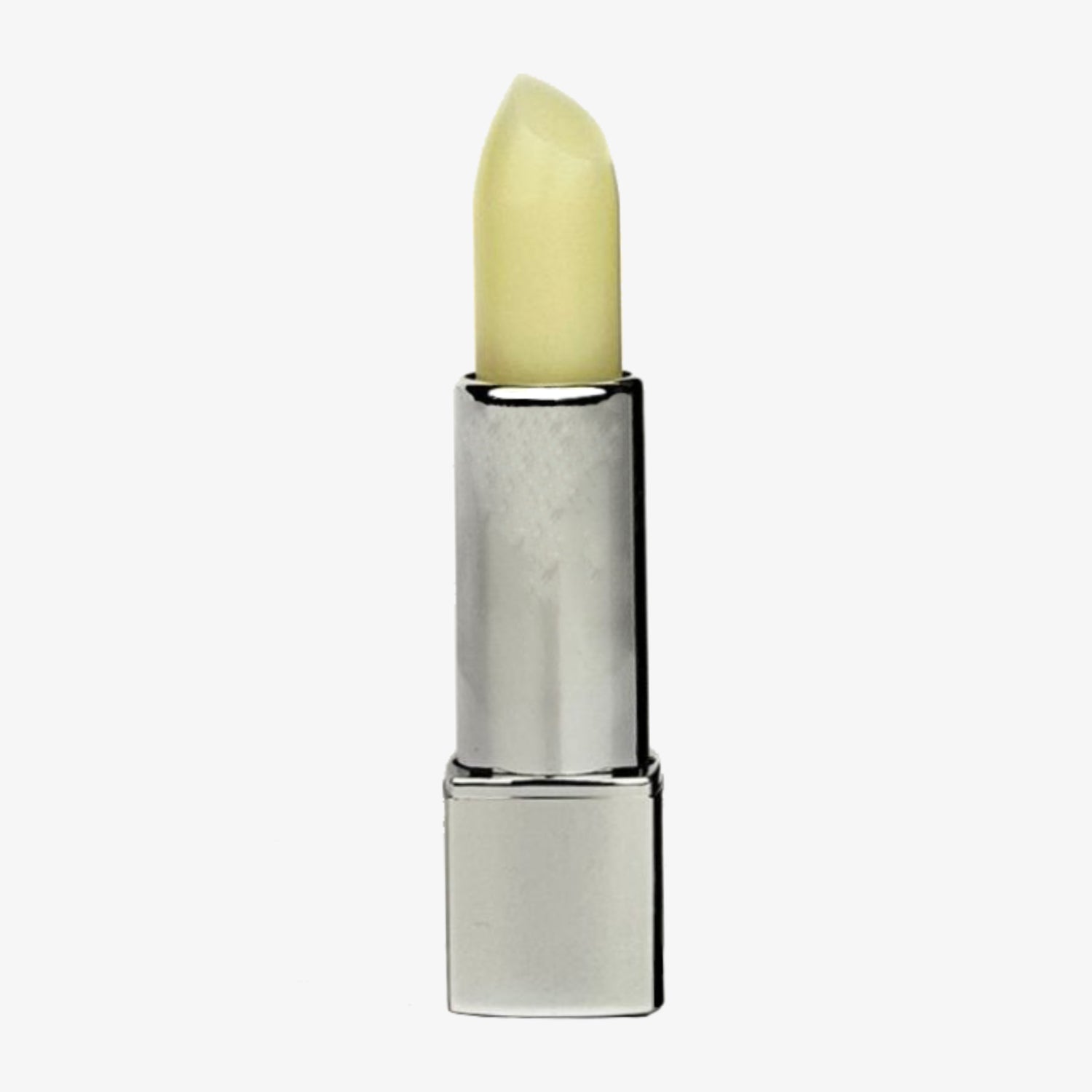 Gelber Lippenbalsam in silberner Hülse auf weißem Hintergrund.