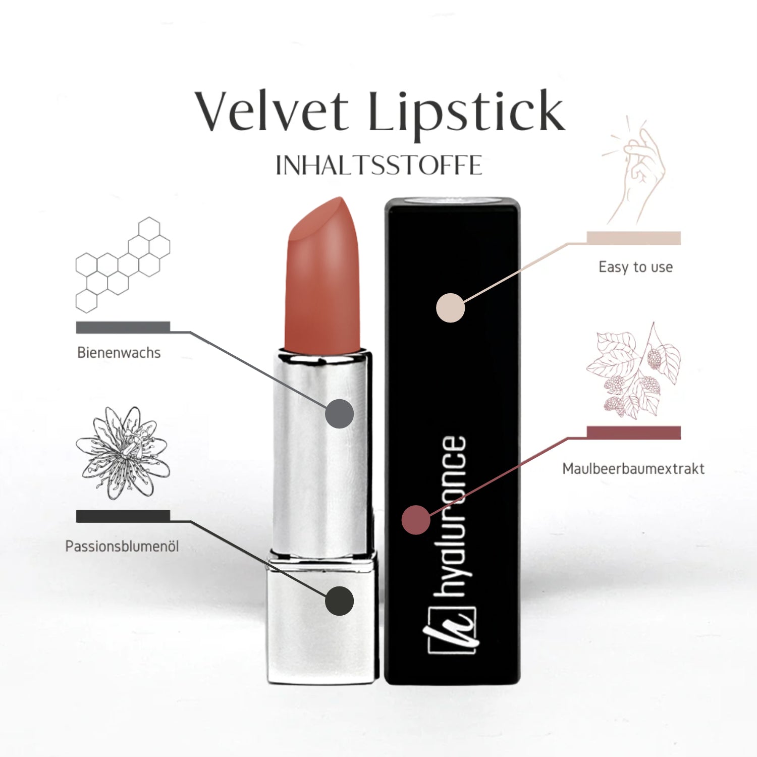 Lippenstift mit Angaben zu Inhaltsstoffen: Bienenwachs, Passionsblumenöl, Maulbeerbaumextrakt; leicht anwendbar.