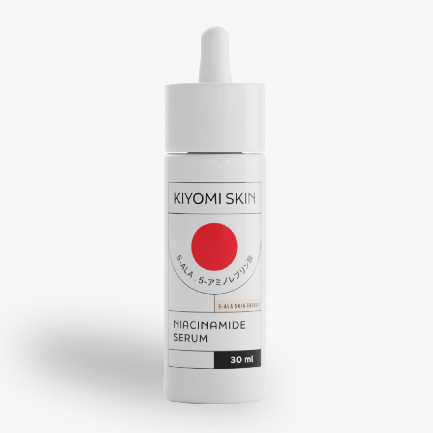 Flasche mit Kiyomi Skin Niacinamid-Serum, 30 ml, weißes Design mit rotem Kreis.