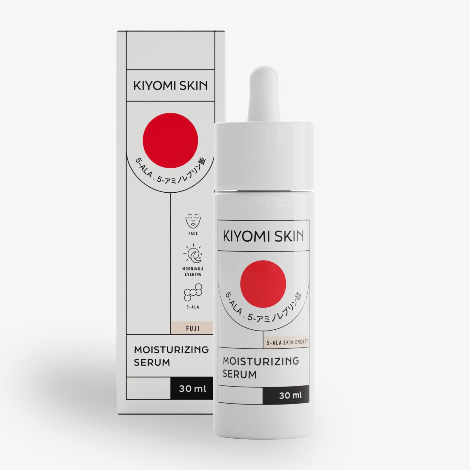 Serumflasche und Schachtel "Kiyomi Skin Moisturizing Serum" mit rotem Kreis und 30 ml Aufschrift auf weißem Hintergrund.