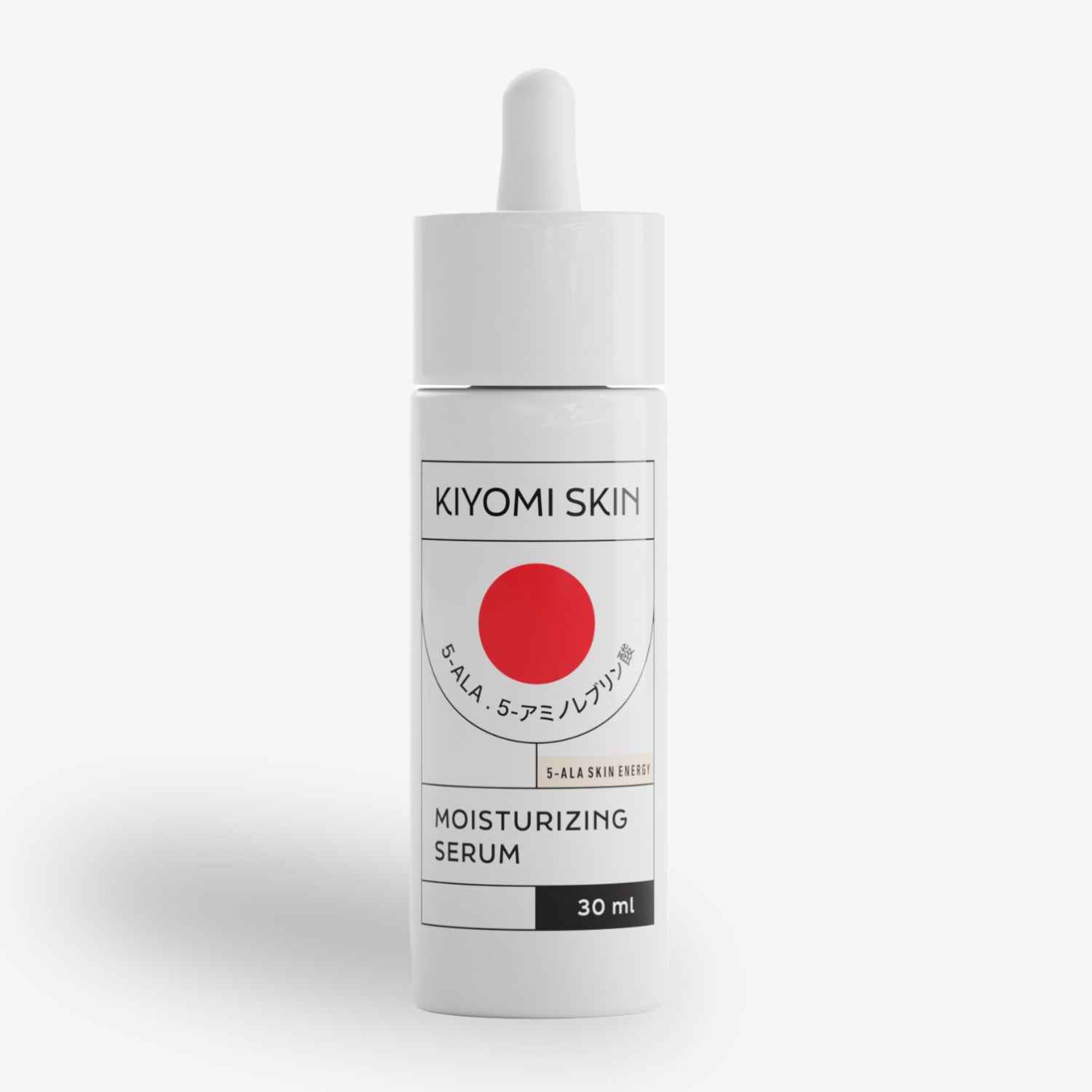 Weiße Flasche mit rotem Punkt, beschriftet mit "KIYOMI SKIN" und "MOISTURIZING SERUM", 30 ml.