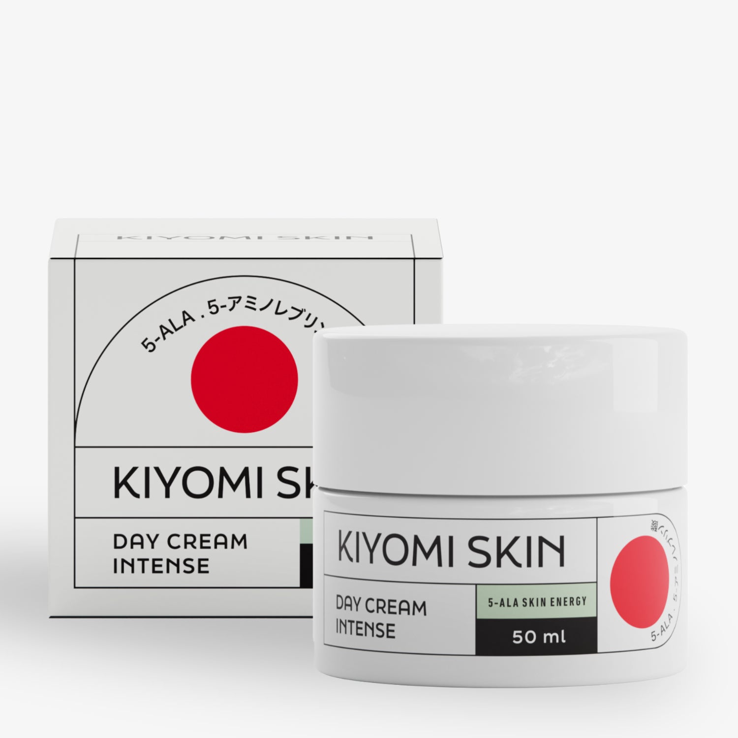 Weiße Creme-Dose mit der Aufschrift "Kiyomi Skin Day Cream Intense" und Verpackung mit rotem Kreis im Hintergrund.