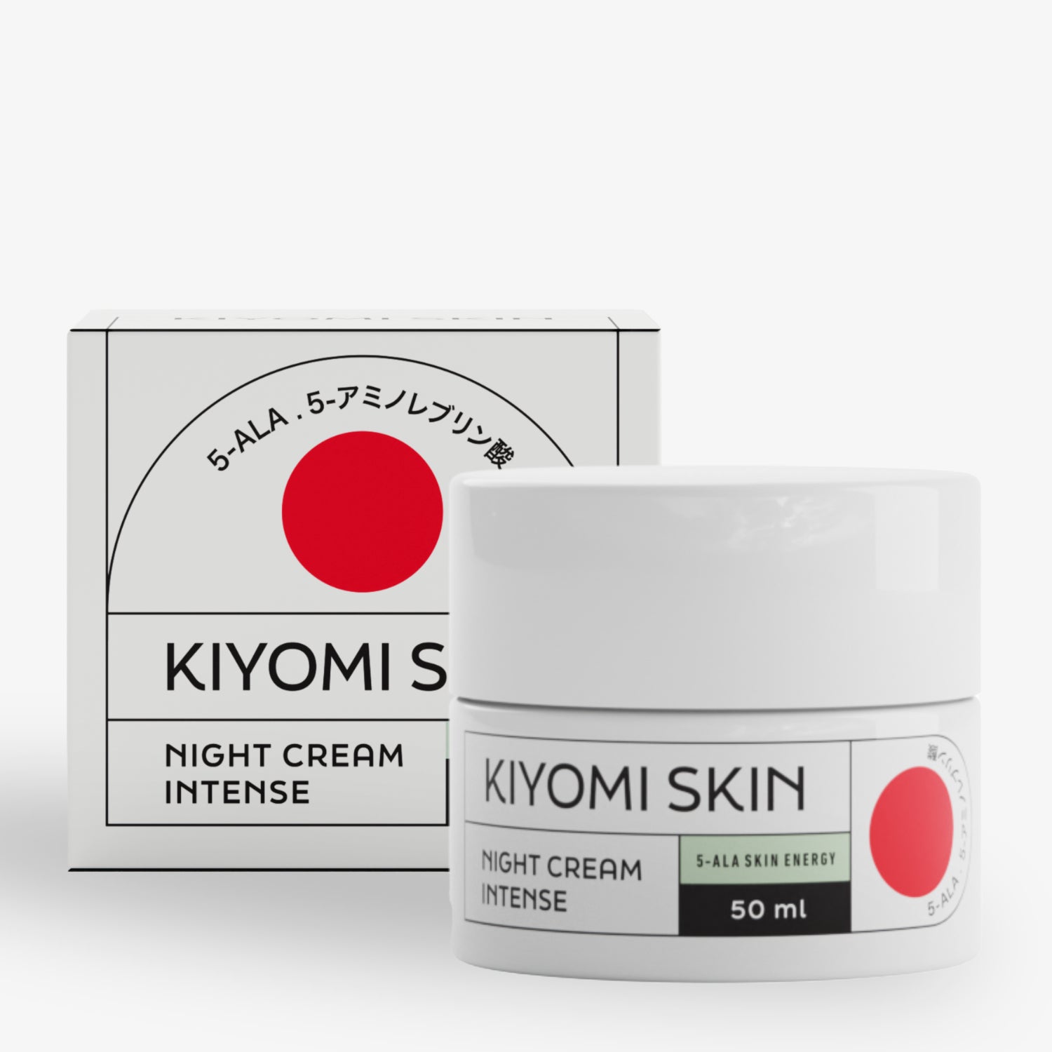 KIYOMI-Skinpflege-Nachtcreme Intensiv, 50 ml, mit Produktverpackung, weiß mit rotem Kreisdesign.