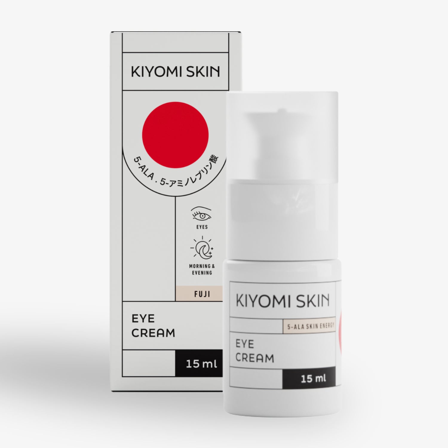 Weiße Flasche und Verpackung einer Kiyomi Skin Augencreme mit rotem Kreis und schwarzem Text, 15 ml.