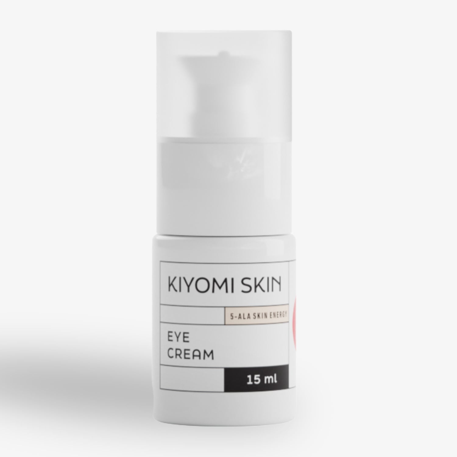 Weiße Flasche mit Kiyomi Skin Eye Cream, 5-ALA Skin Energy, 15 ml, auf weißem Hintergrund.