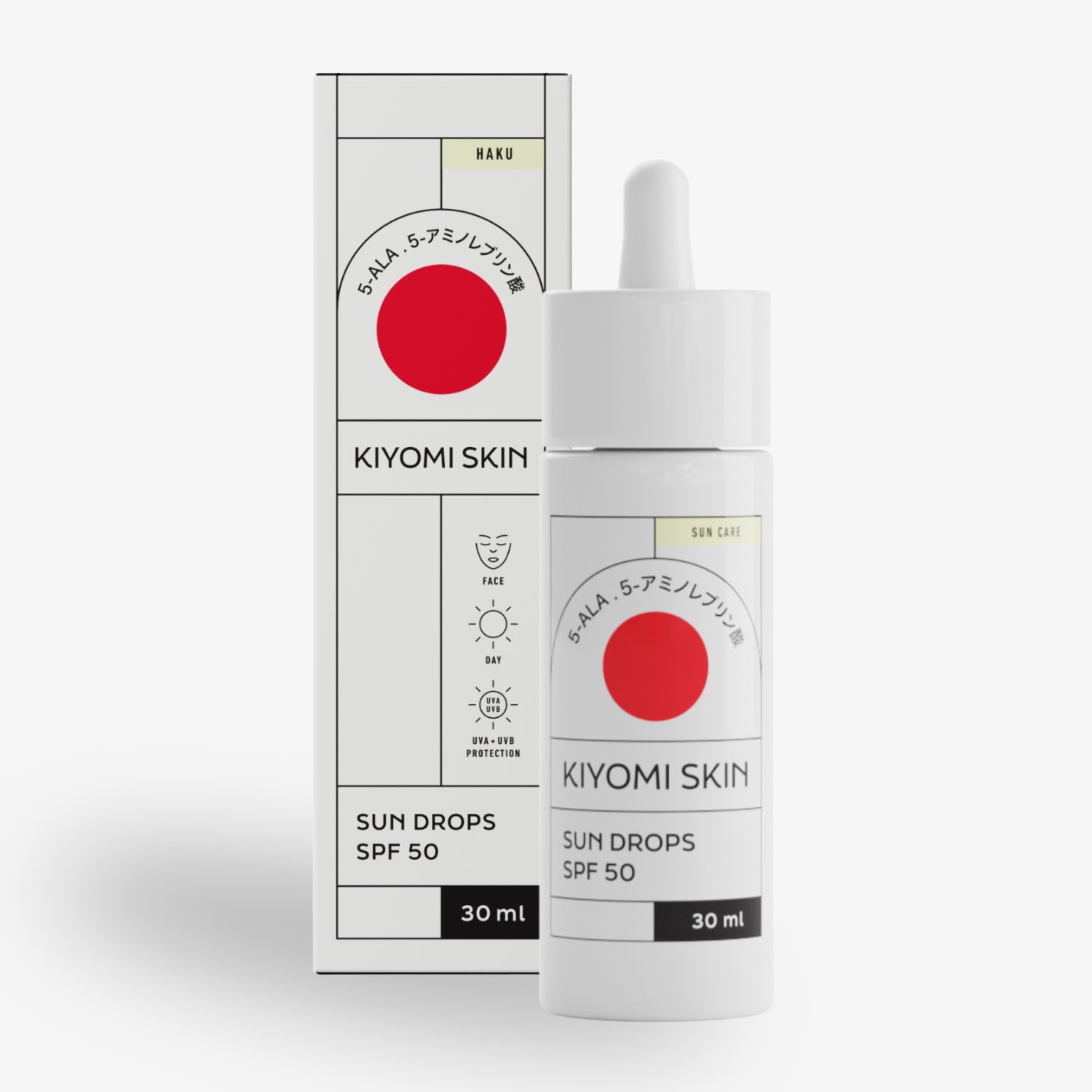Sonnenserum Sun Drops SPF 50 von Kiyomi Skin in 30 ml Flasche für täglichen Sonnenschutz.