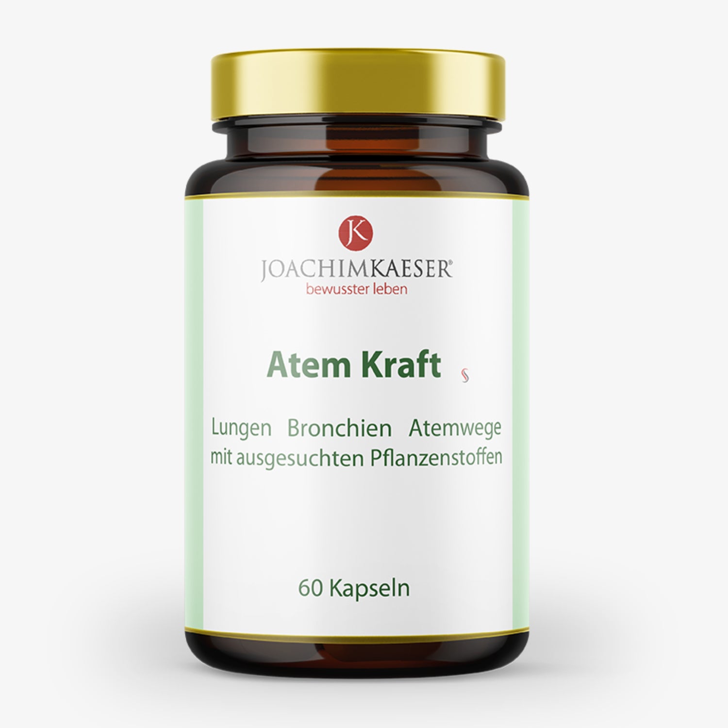 Braunes Glasgefäß mit goldenem Deckel, beschriftet mit "Atem Kraft" und Informationen zu Inhaltsstoffen und Kapselanzahl.